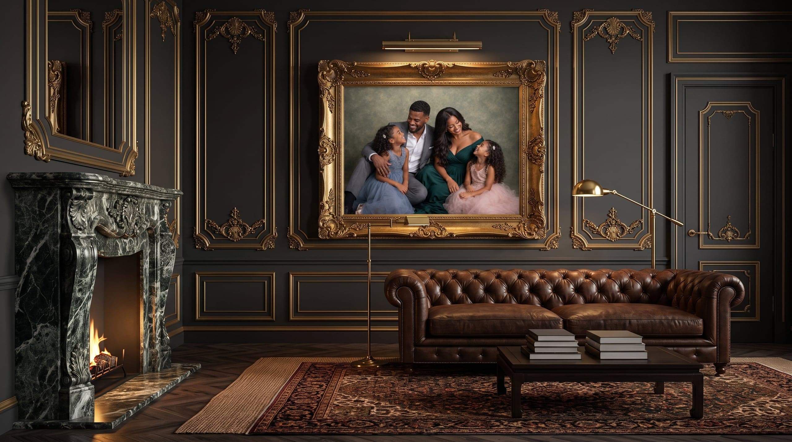 A family photographed in the studio under controlled light, the kind of clean, timeless portrait that hangs on a wall for decades