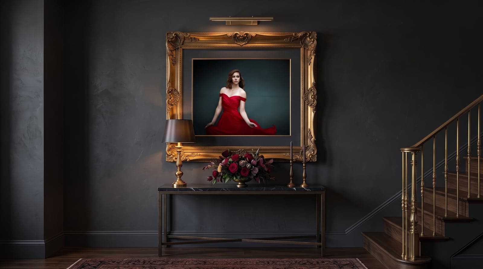 Gold-framed senior portrait in a red gown above a marble console at a staircase landing