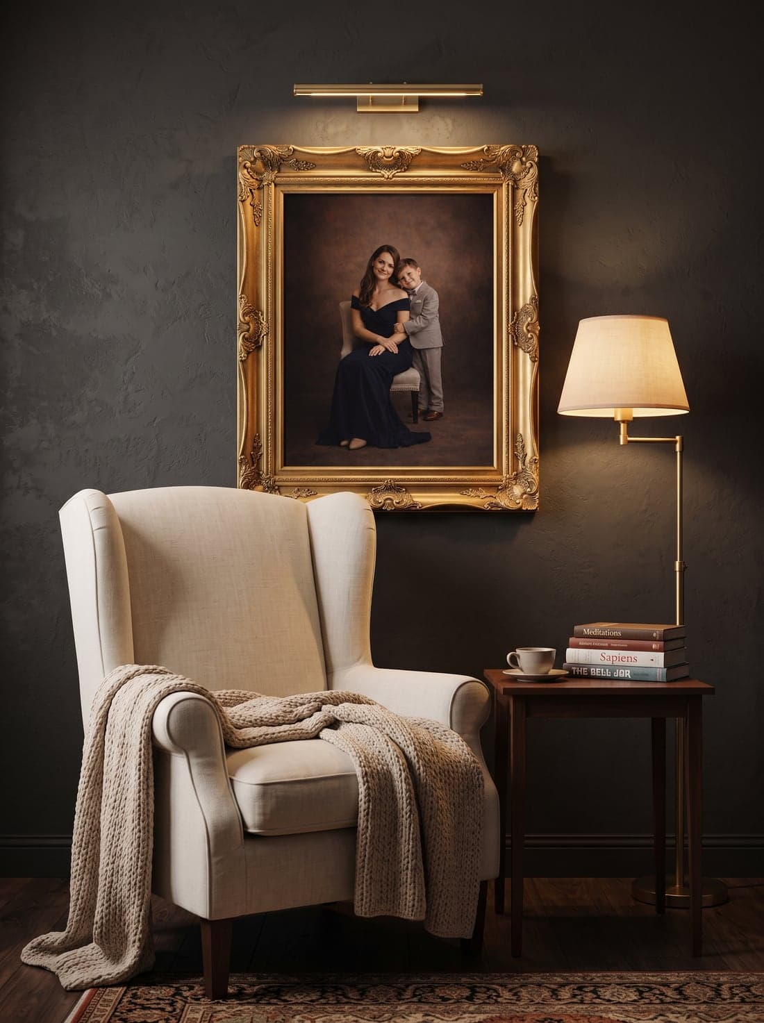 Gold-framed portrait of a mother and son above a cream wingback reading chair