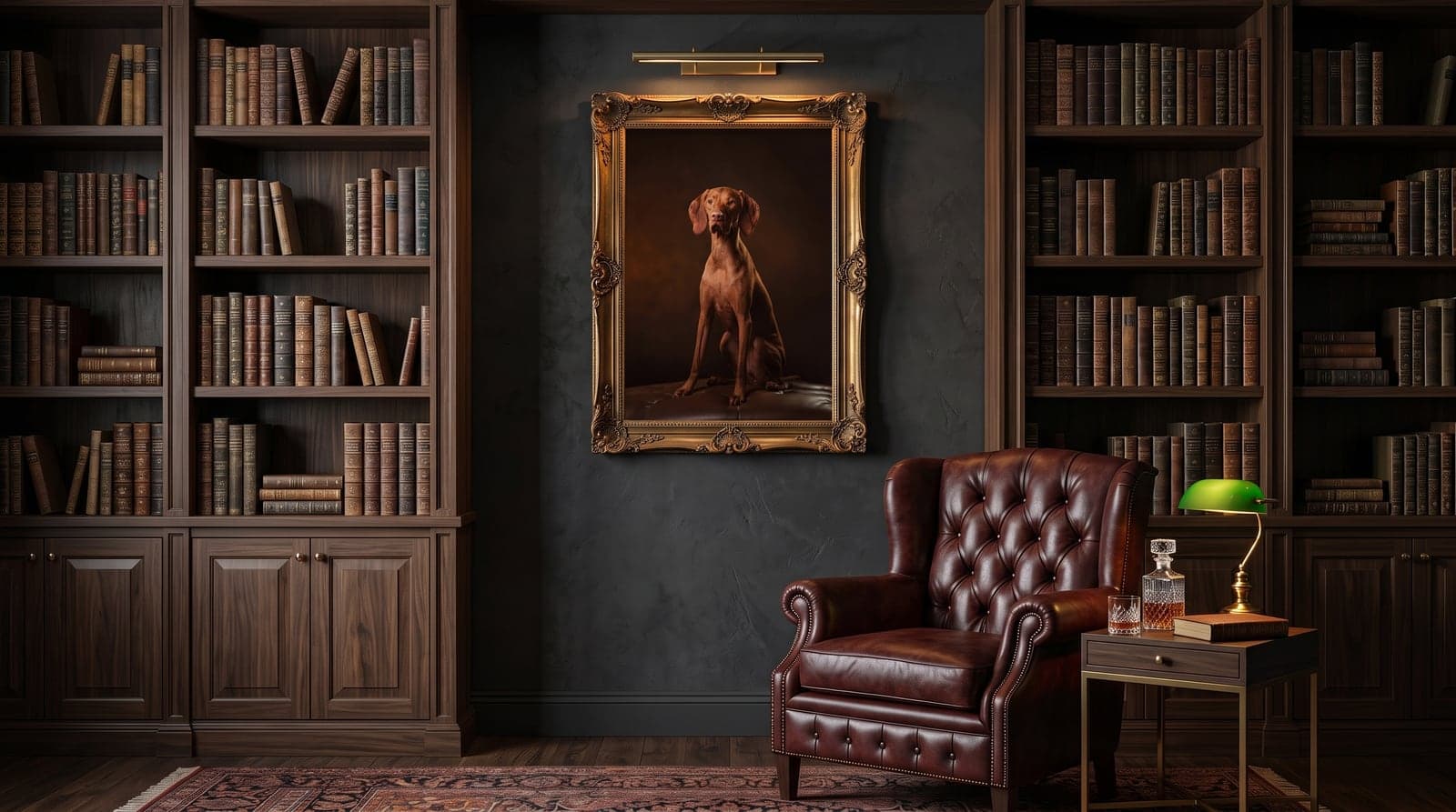 Gold-framed dog portrait between walnut bookshelves in a leather-chair study