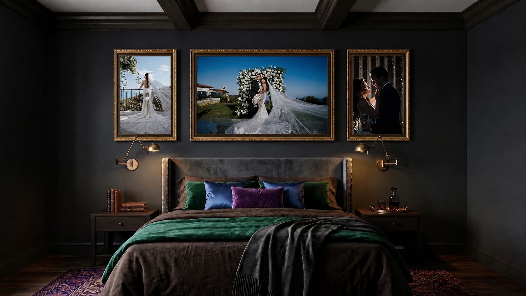 Three-piece Ritz-Carlton Bacara wedding wall collection above a velvet bed lit by brass sconces
