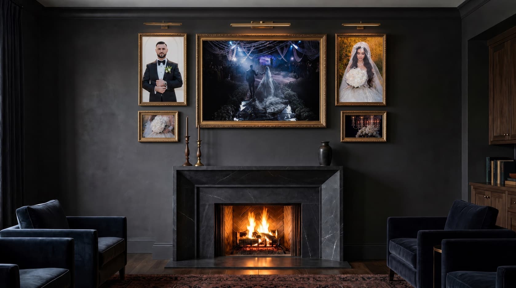 Five-piece Waldorf Astoria Monarch Beach wedding wall collection above a black marble fireplace