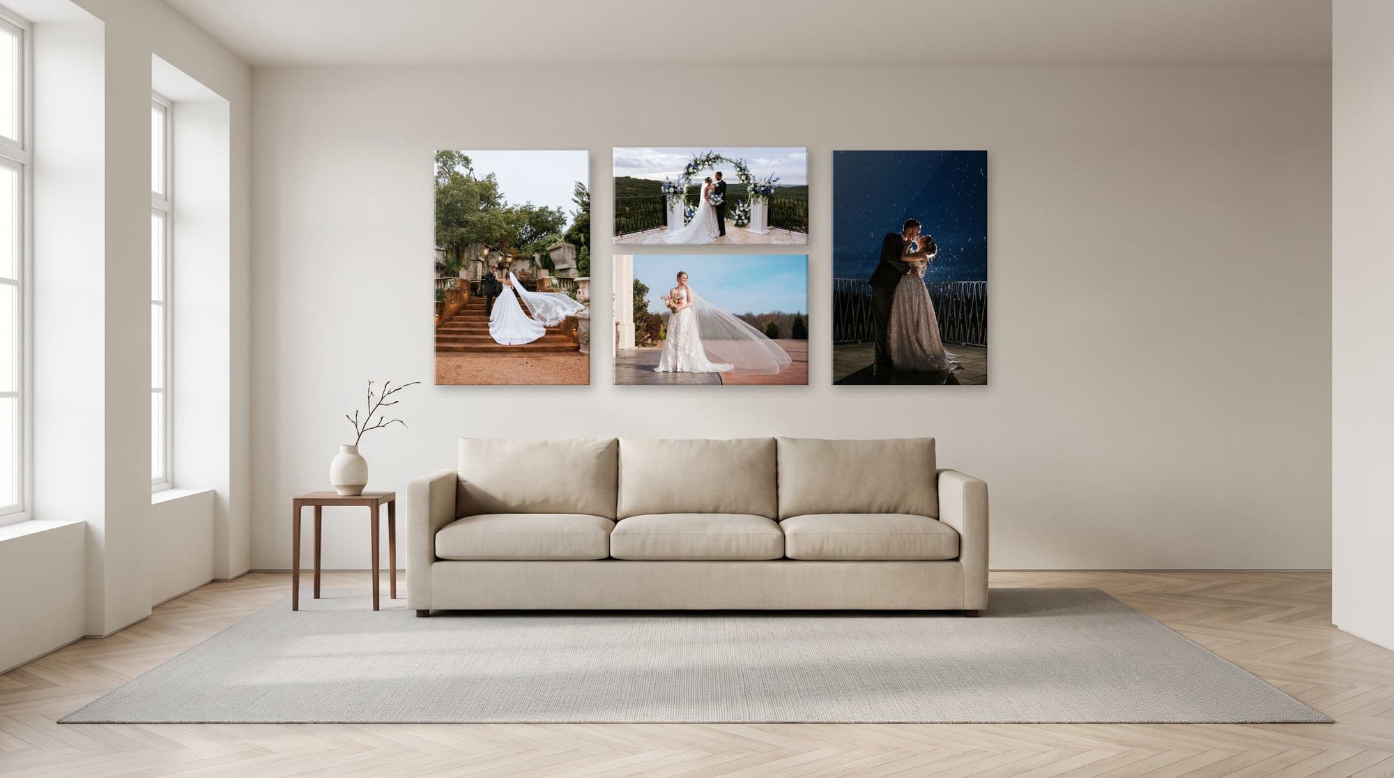 A living room wall above a sofa hung with four face-mounted acrylics: a 24 by 36 inch vertical on each side, with a 30 by 15 inch stacked above a 30 by 20 inch between them