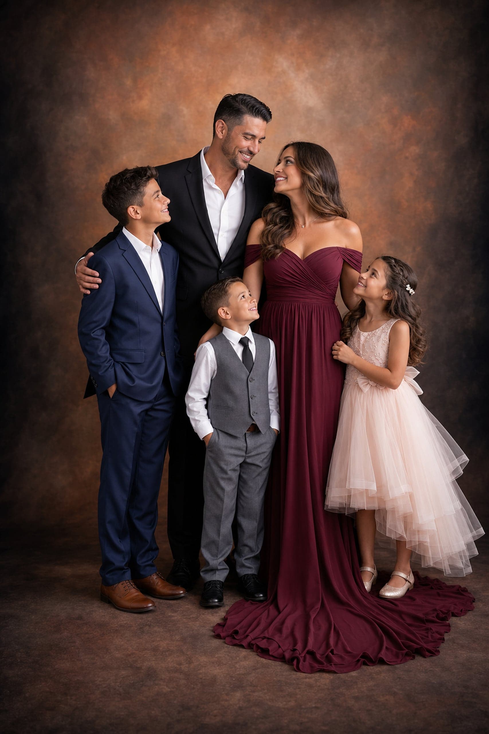 Formal studio family portrait of four on a warm copper backdrop