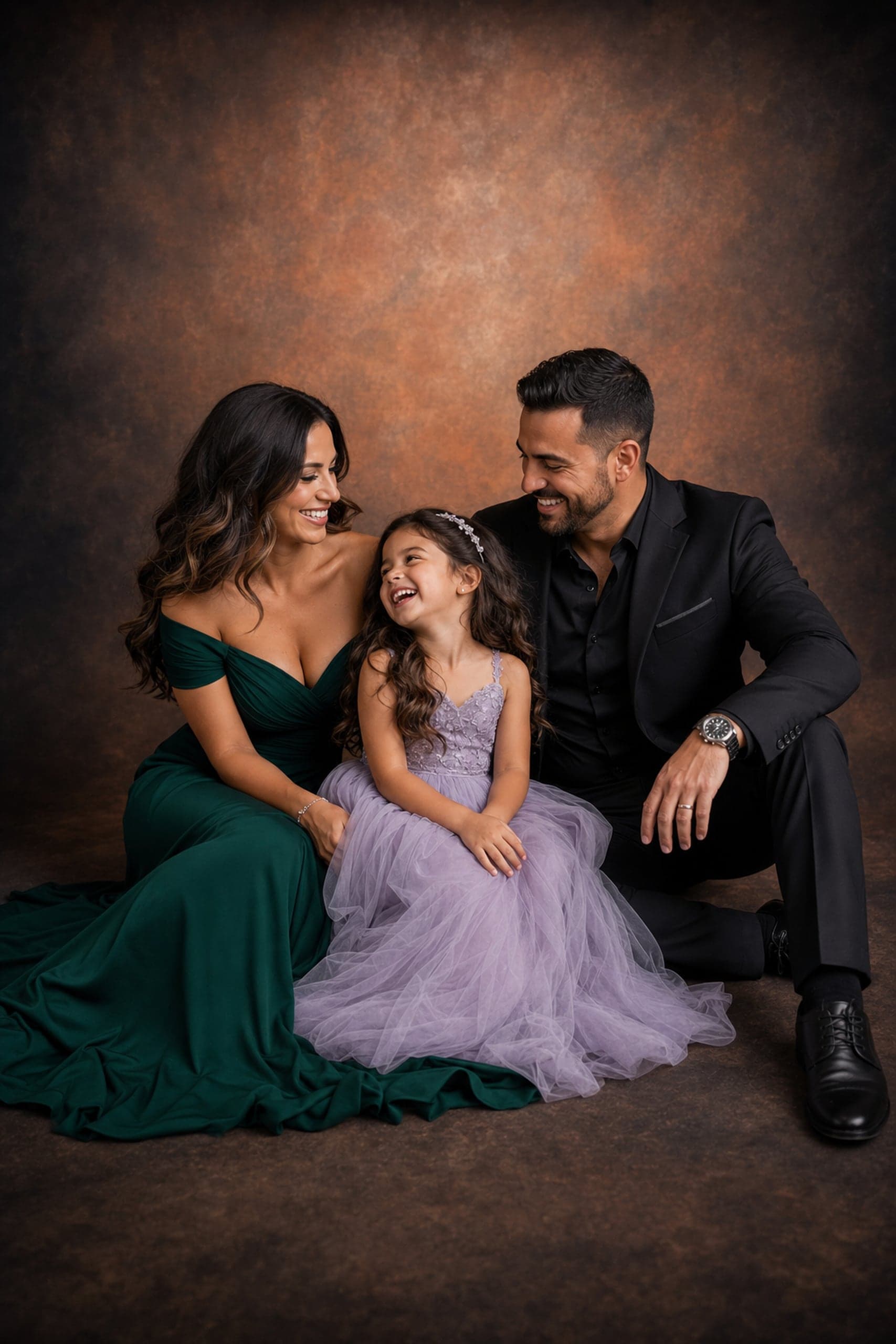 Parents with their daughter seated on a warm copper backdrop