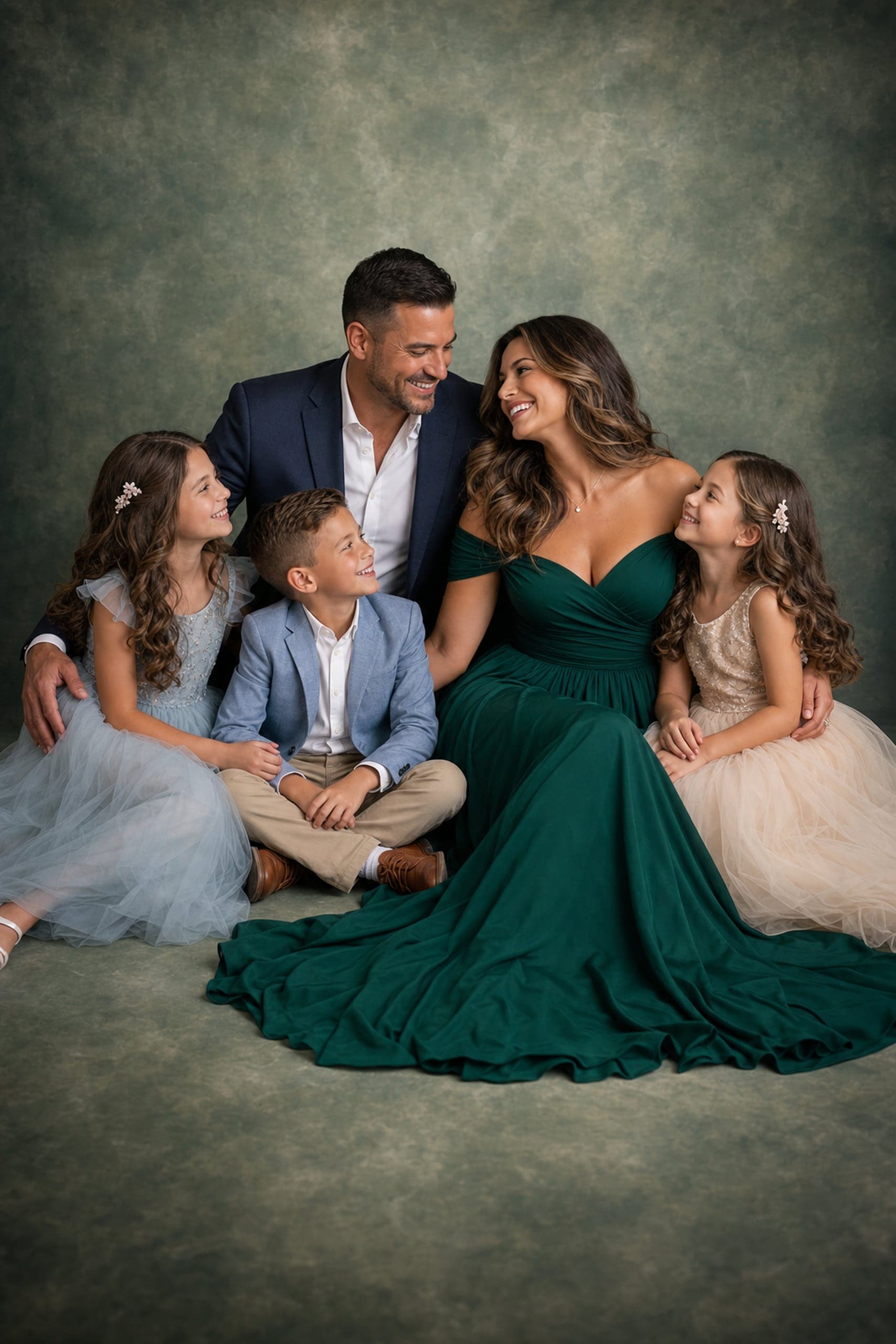 Family of five seated together on a sage-green painterly backdrop