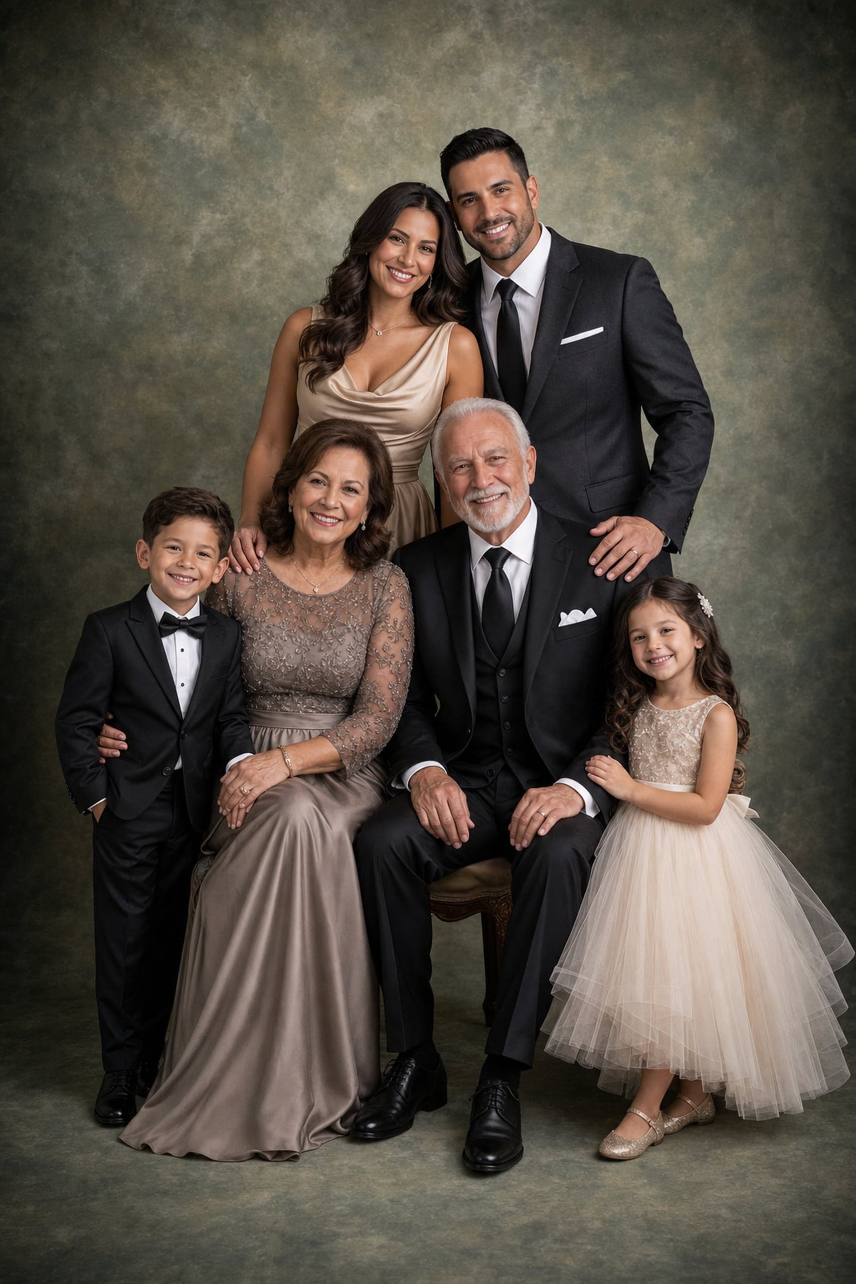 Three-generation formal family portrait on sage green