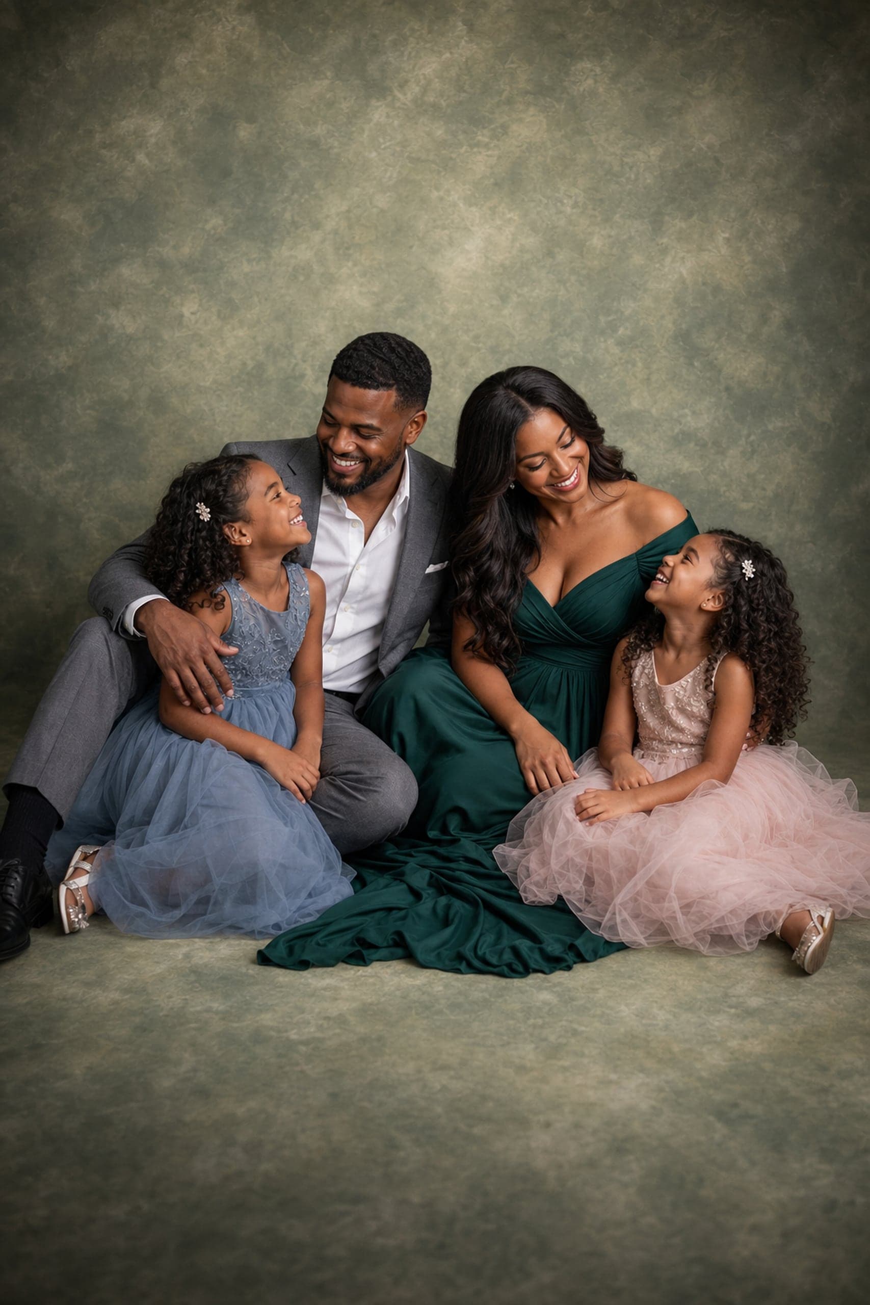 Family of four seated together on a sage-green backdrop