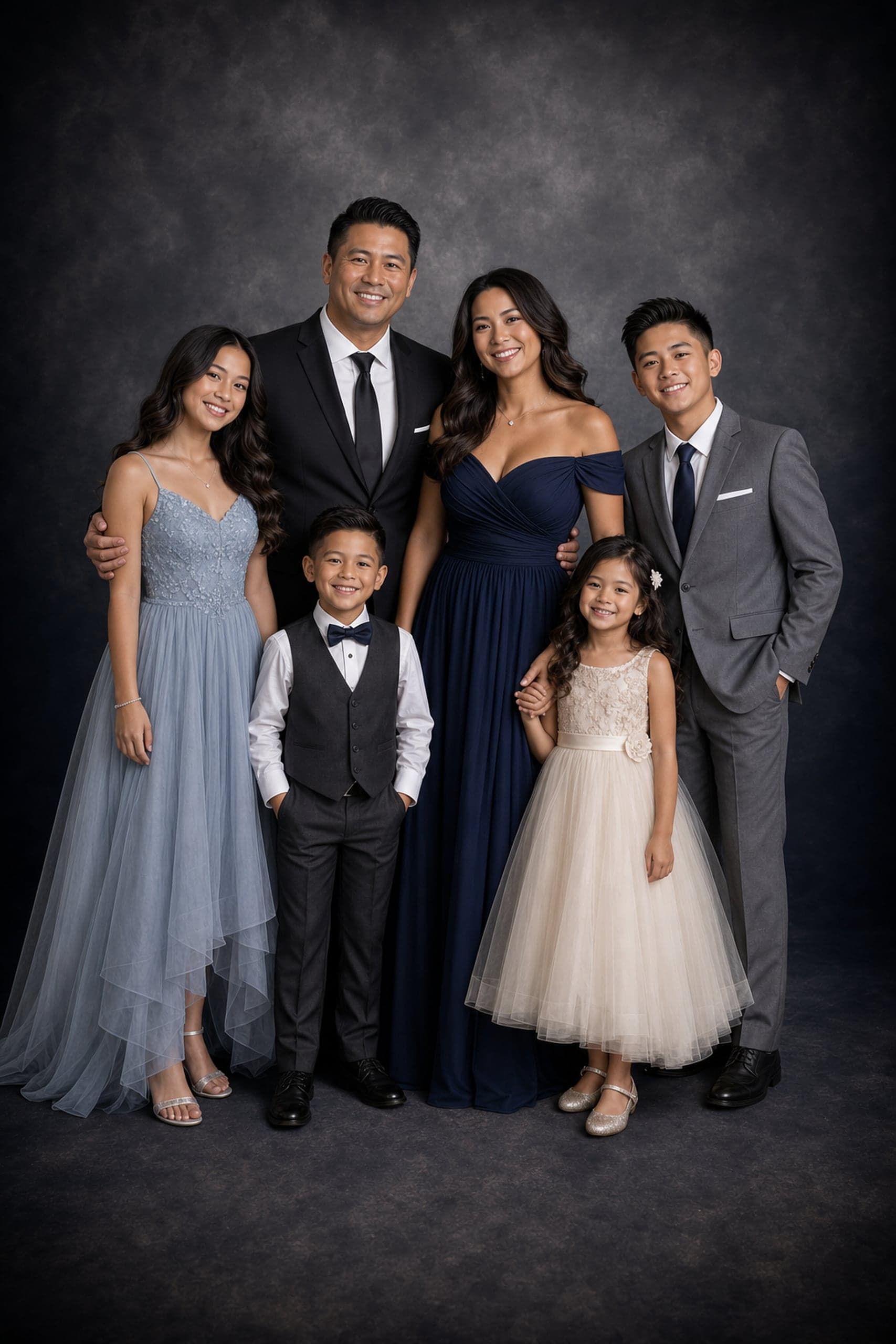 Family of five in formal dress on a dark charcoal backdrop