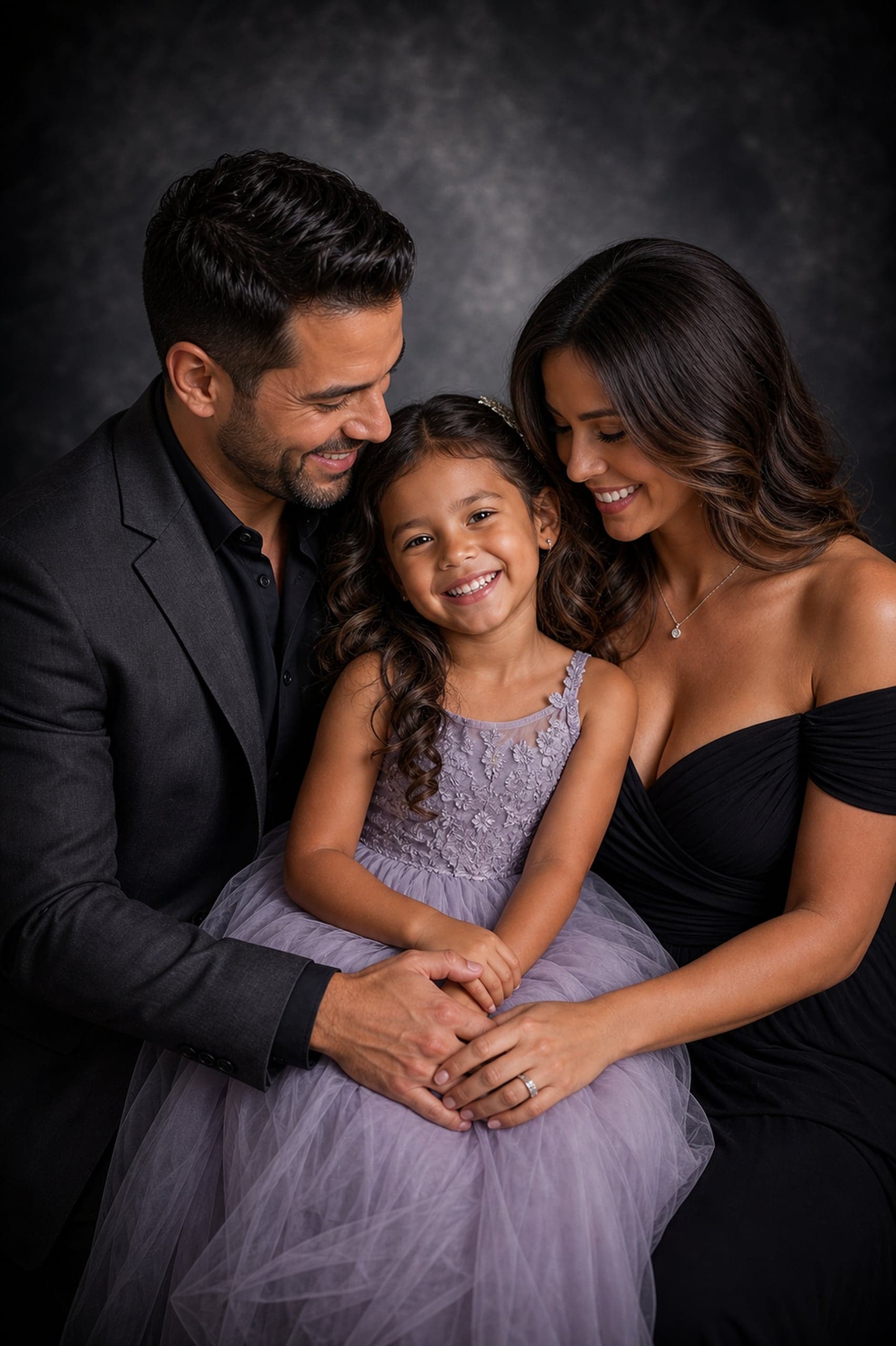 Parents with their daughter on a dark charcoal backdrop