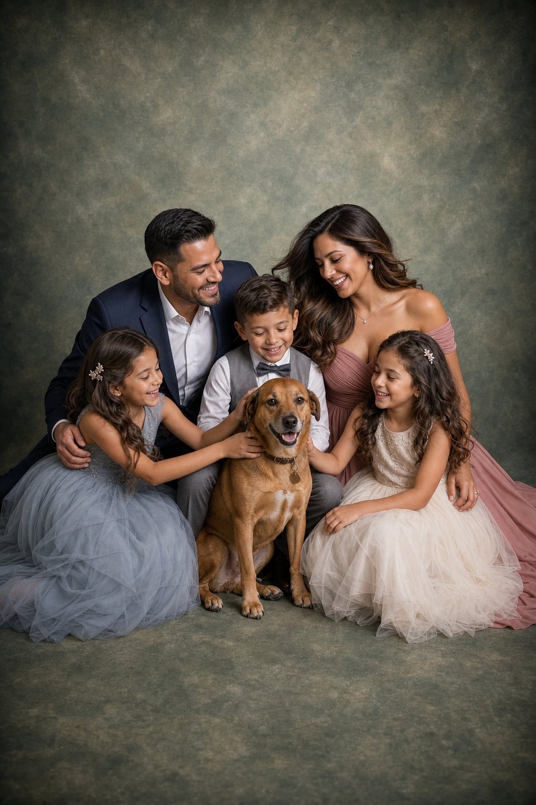 Family portrait with the family dog on a sage-green backdrop