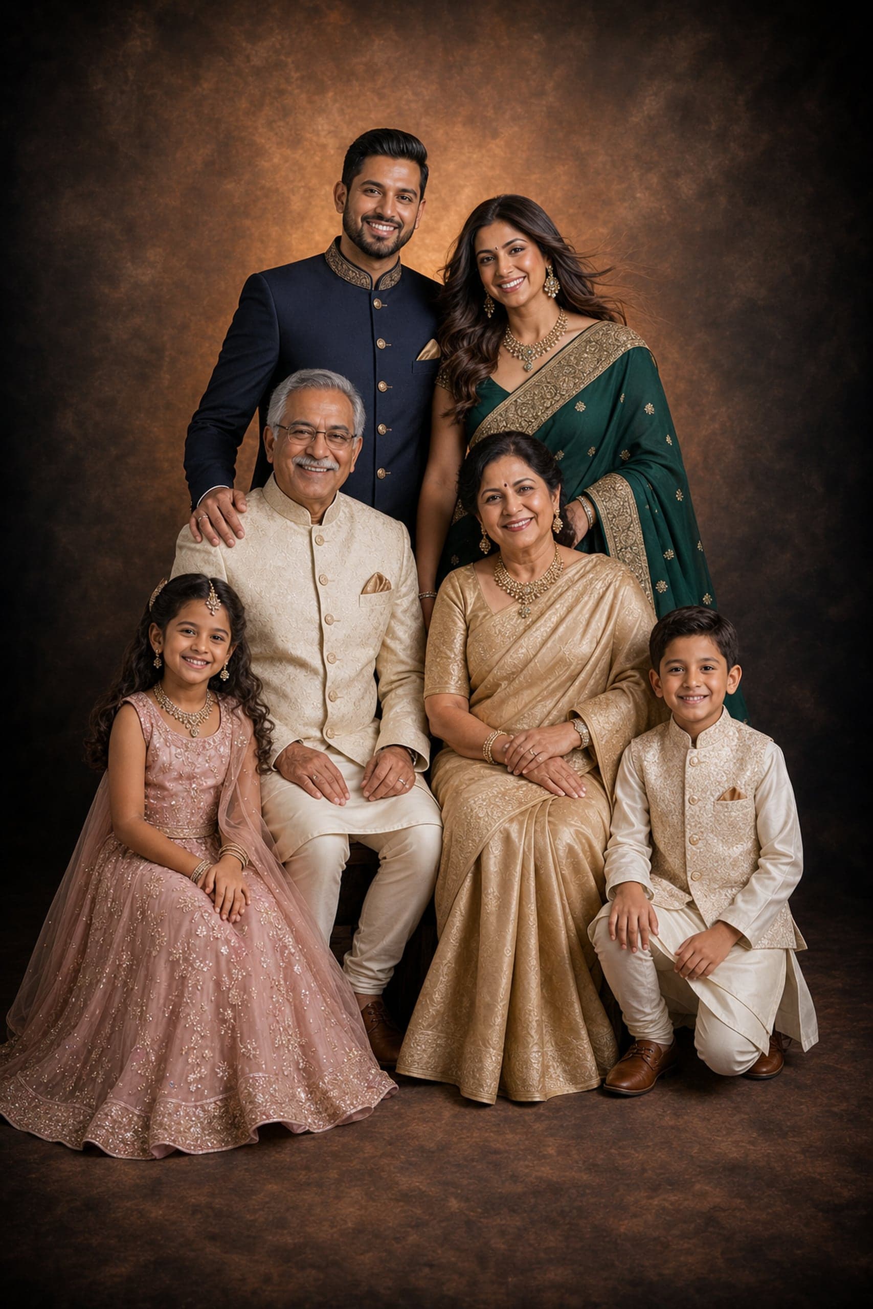 Multigenerational family portrait in formal Indian attire