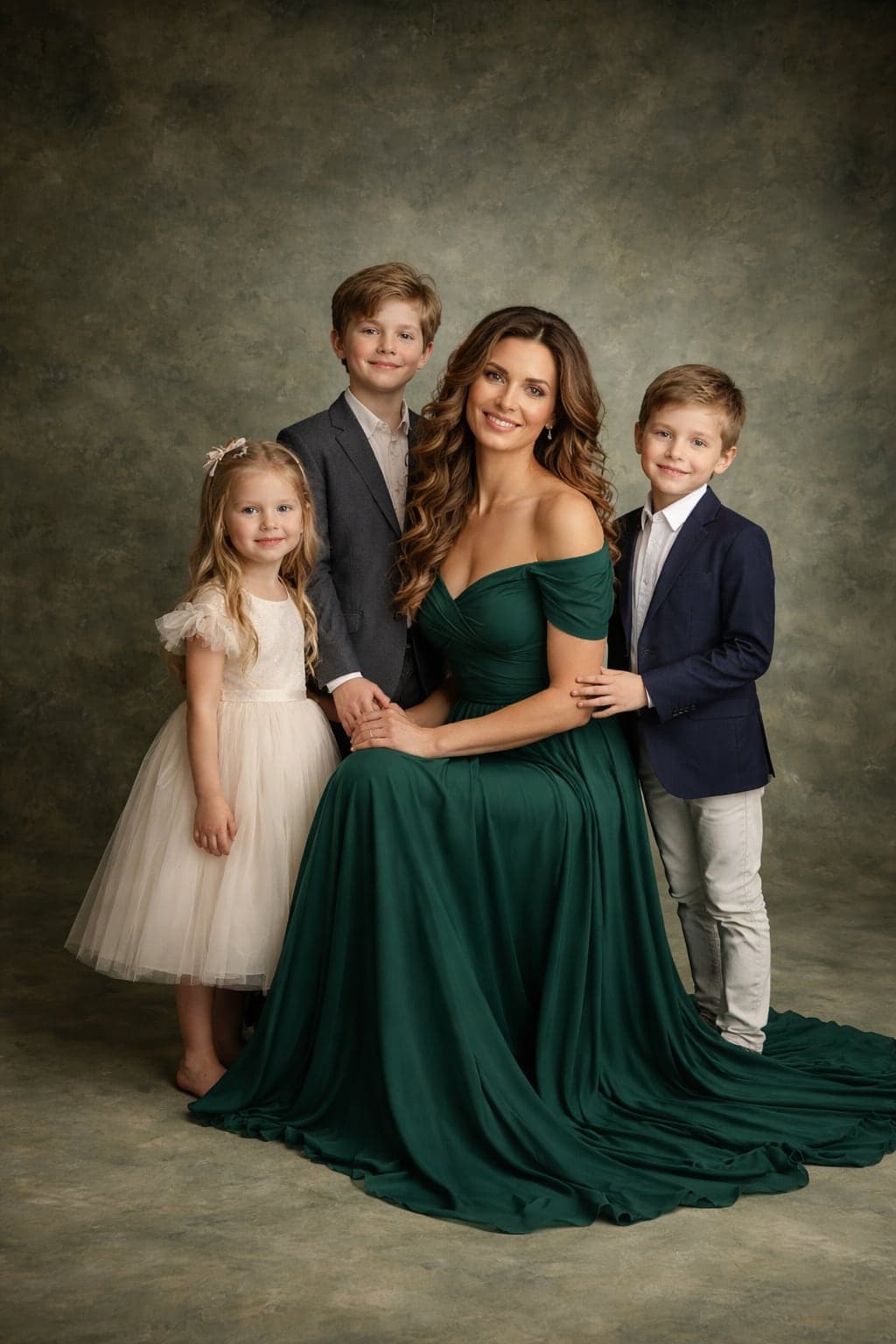 Family portrait in emerald on a painted backdrop