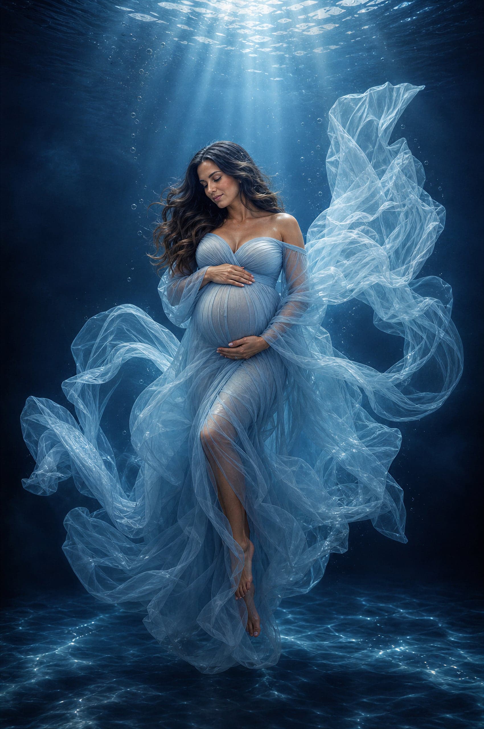 Ethereal underwater maternity portrait in flowing blue fabric