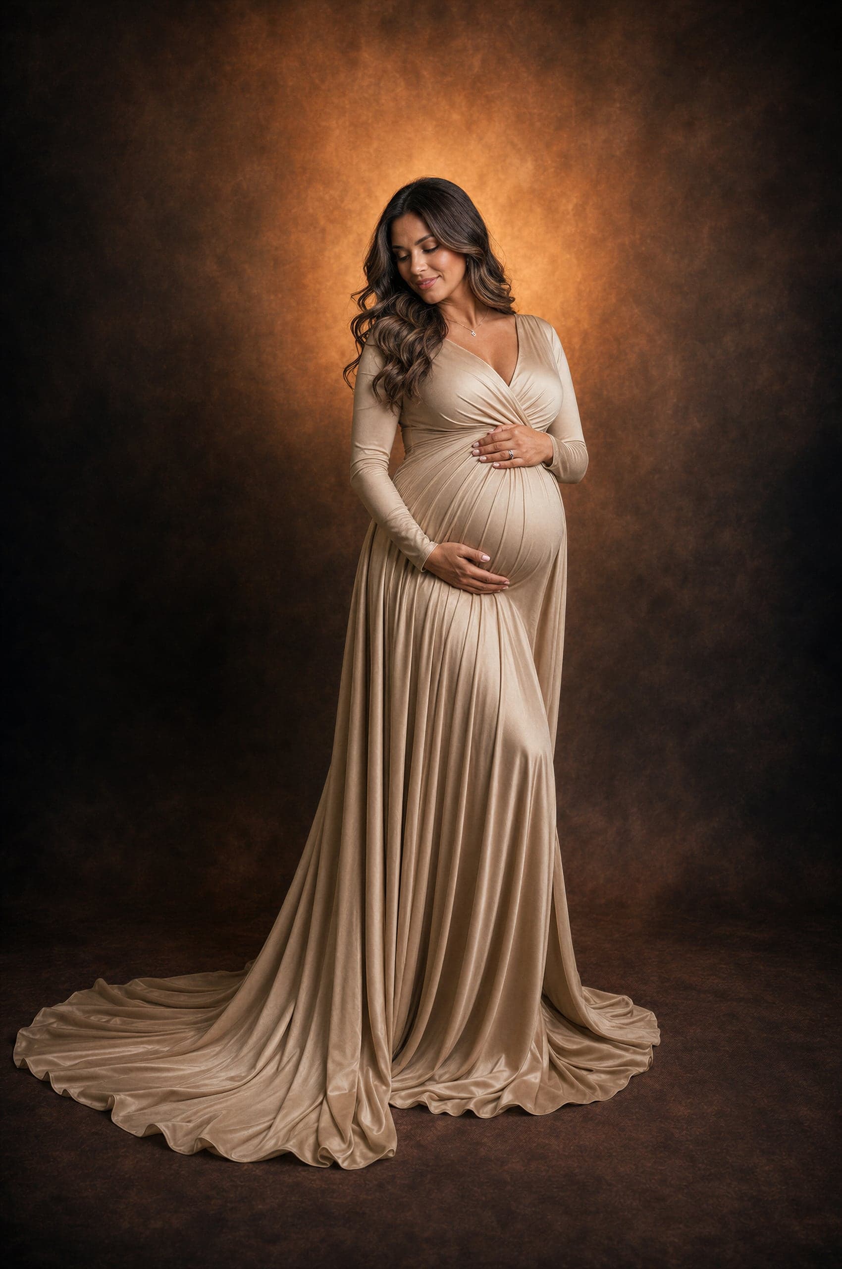 Maternity portrait in a champagne gown on an amber backdrop
