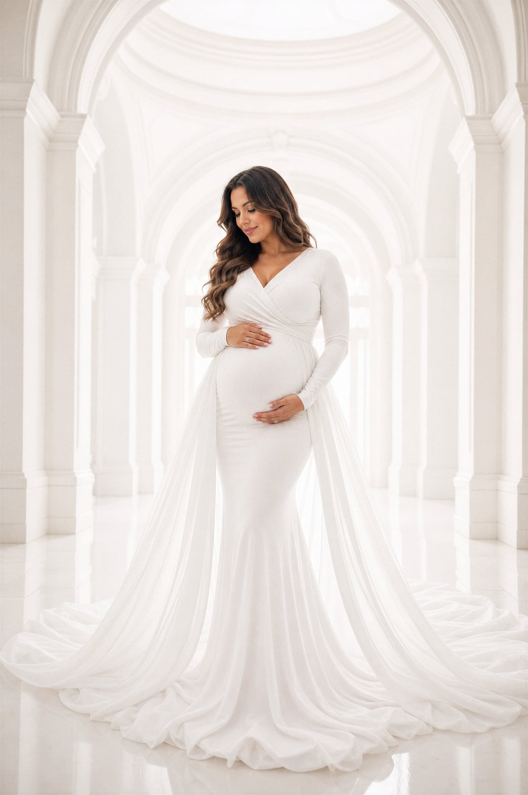 Maternity portrait in a white gown among bright arches