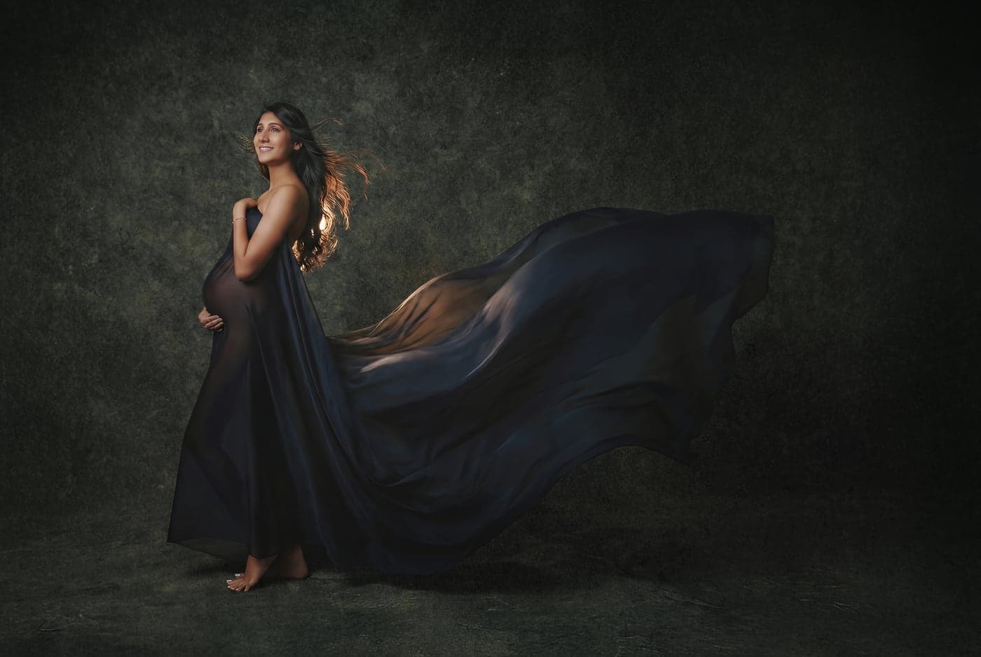 Navy sheer-fabric maternity portrait on a painted backdrop