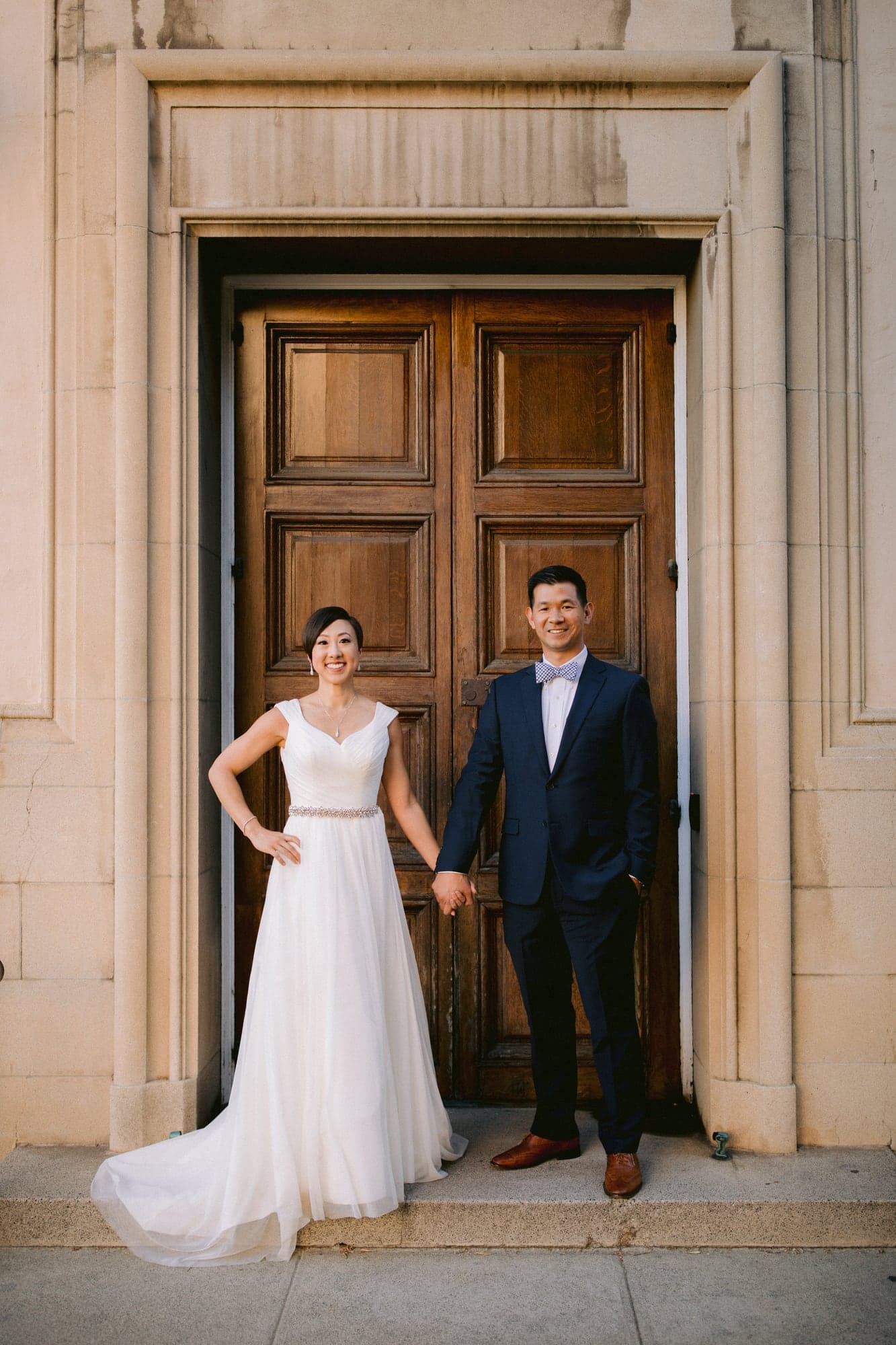 Wedding couple outside a historic Caltech building