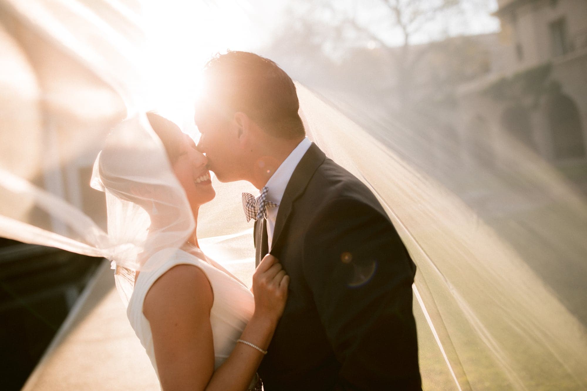 Backlit wedding portrait beneath a flowing veil
