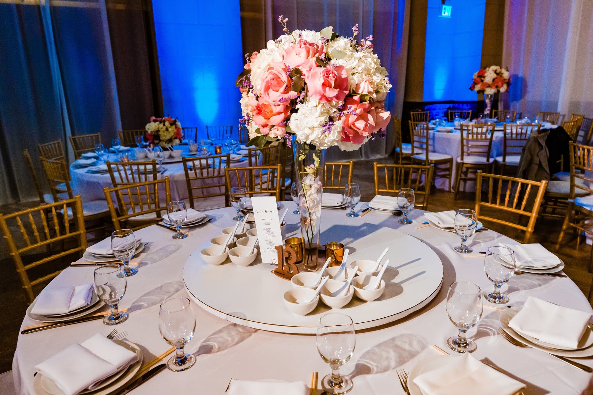 Pink and lavender reception tables inside The Majestic Downtown