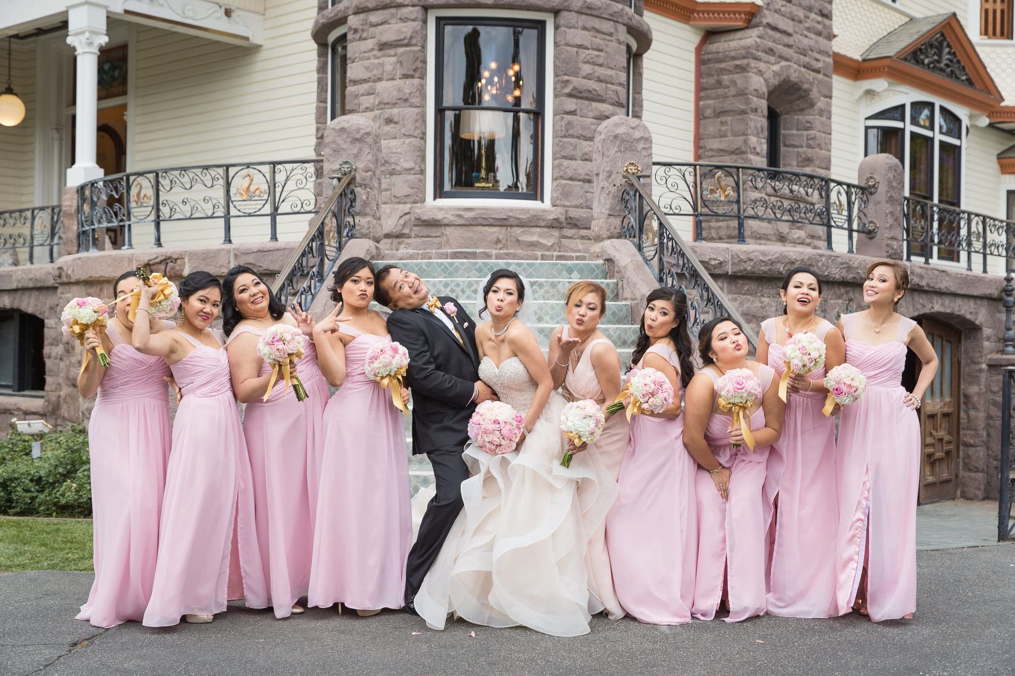 Reyrata wedding party outside Newhall Mansion