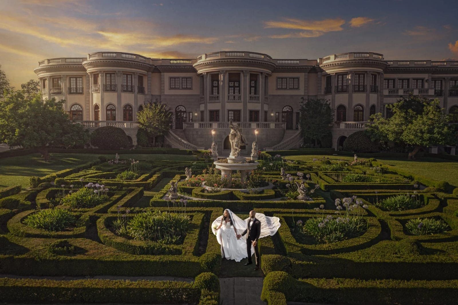 The topiary gardens, statuary, and stained-glass gazebo of the Pasadena Princess estate in Pasadena.