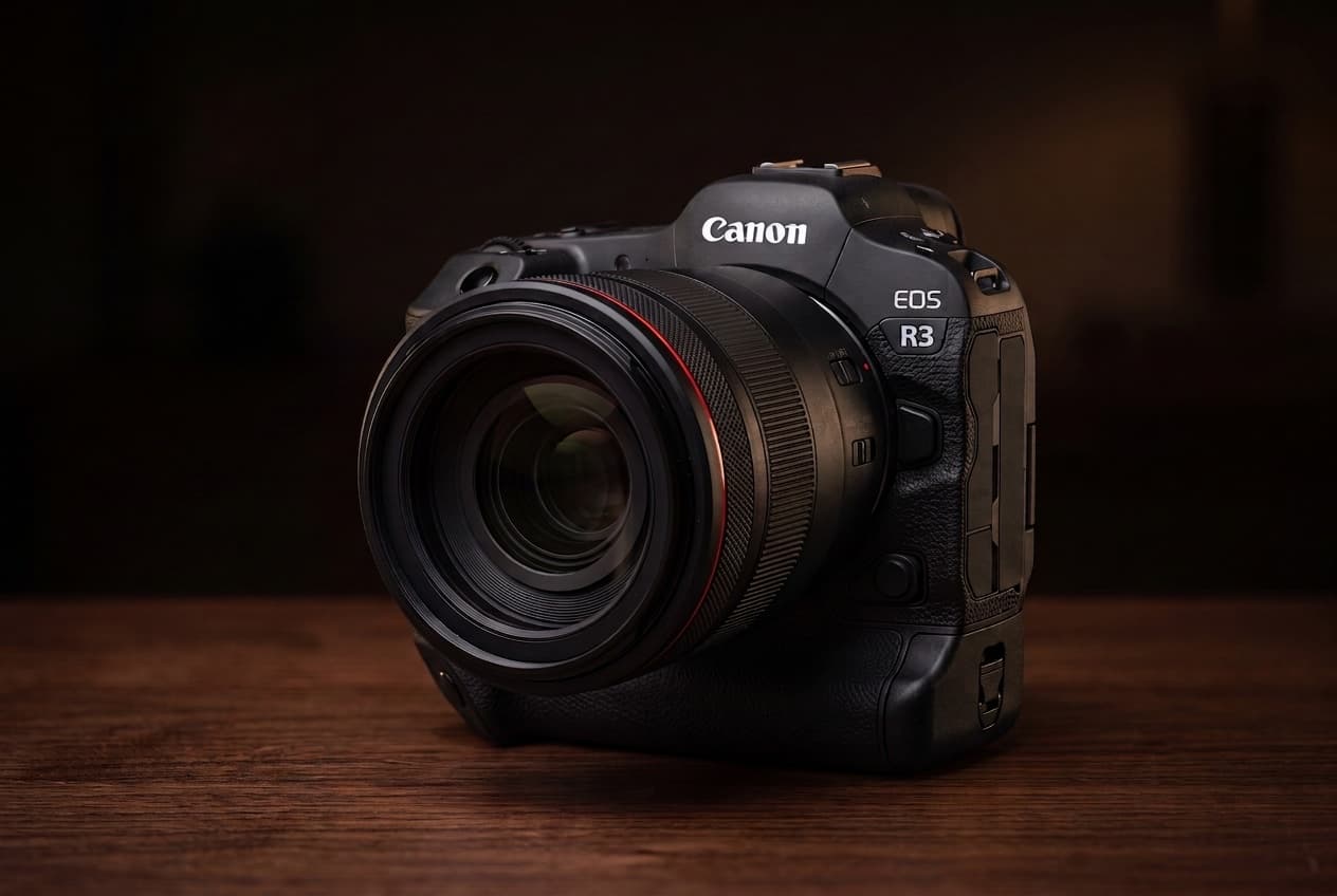 The Canon RF 85mm f/1.2L USM lens mounted on a Canon EOS R3 mirrorless body on a dark wood table, the native version the author shoots today