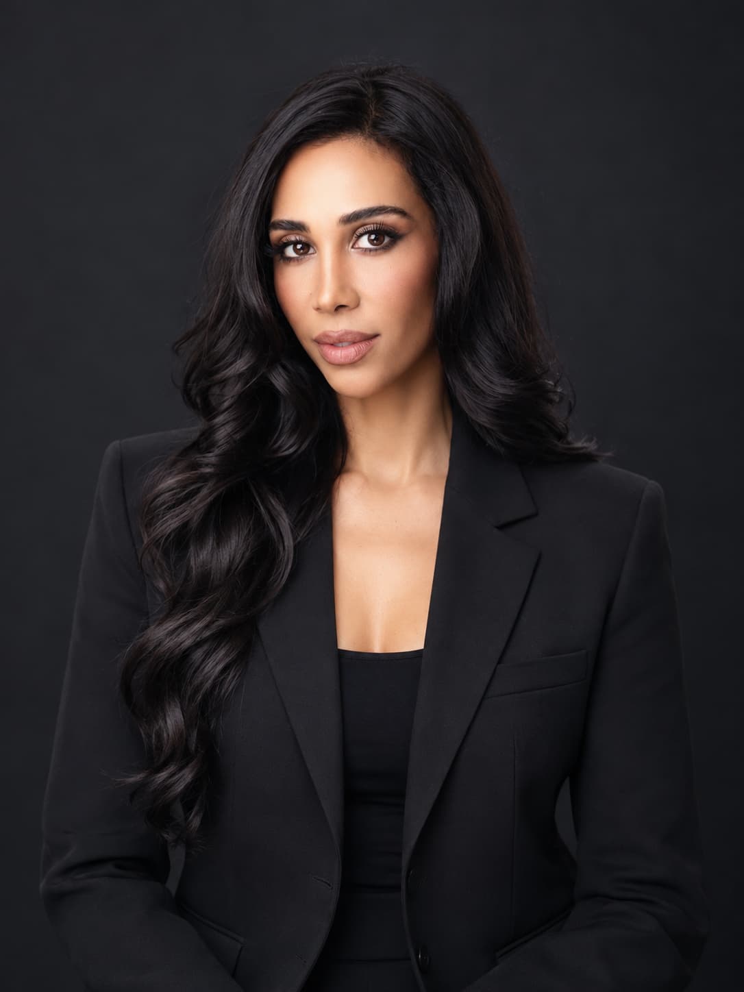 Jen in a black blazer against a dark studio backdrop