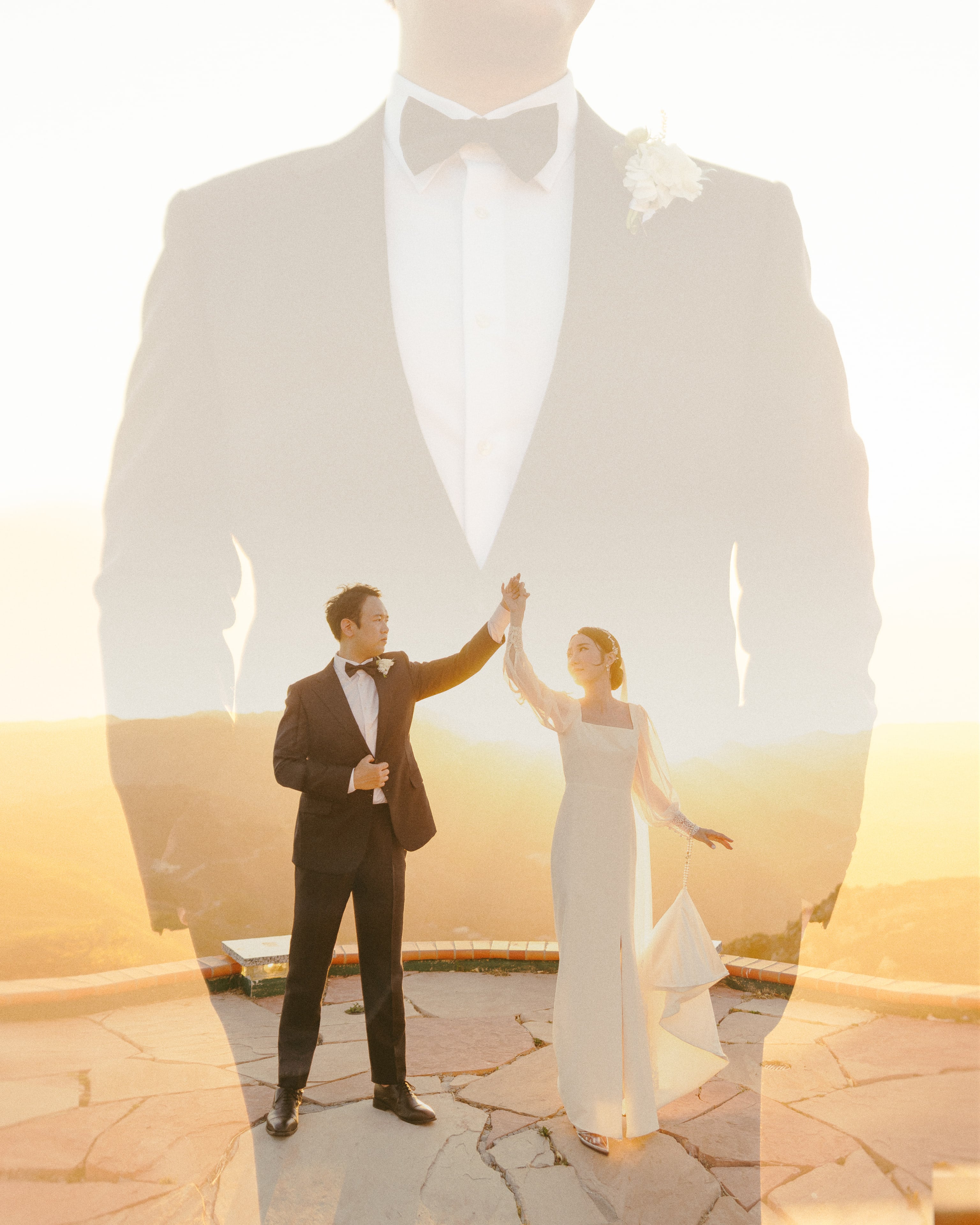 Double-exposure wedding portrait in warm sunset light