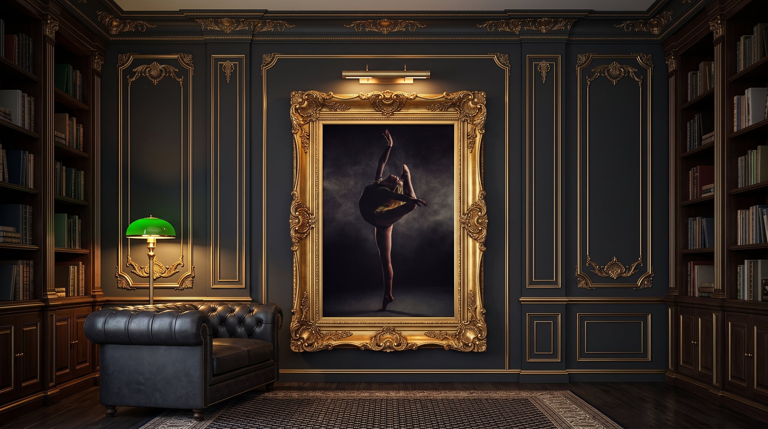 A fine-art senior portrait framed as gallery wall art in an ornate library room, Michael Anthony Photography