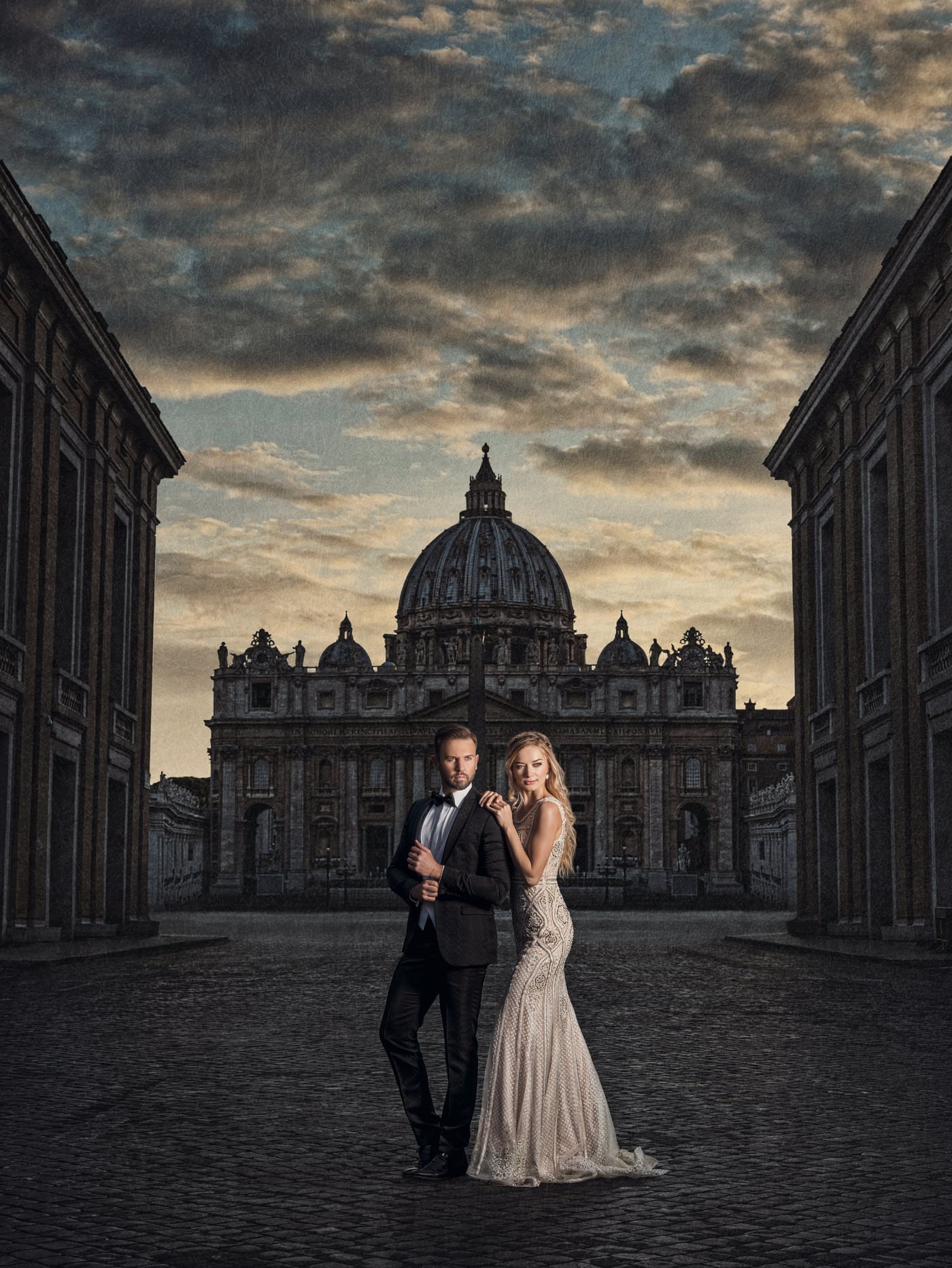 A bridal portrait framed by the architecture of Rome
