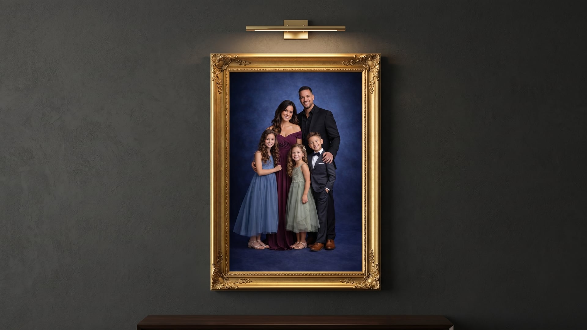 Hand-finished framed family portrait, oil-contoured and gallery framed