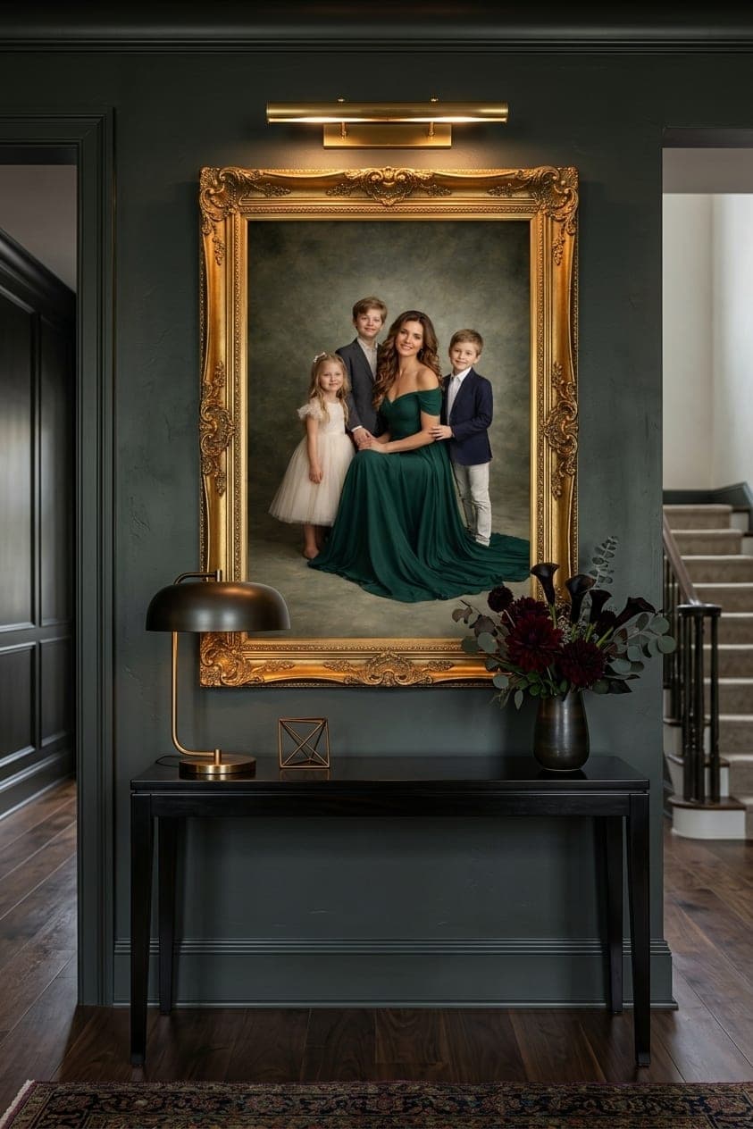 A tall gold-framed family portrait above a console table in an elegant dark entryway