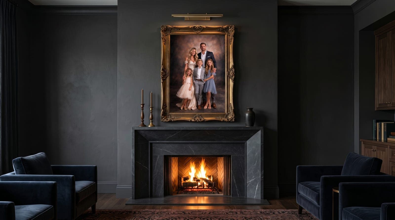 Gold-framed family wall art, Over the Mantel
