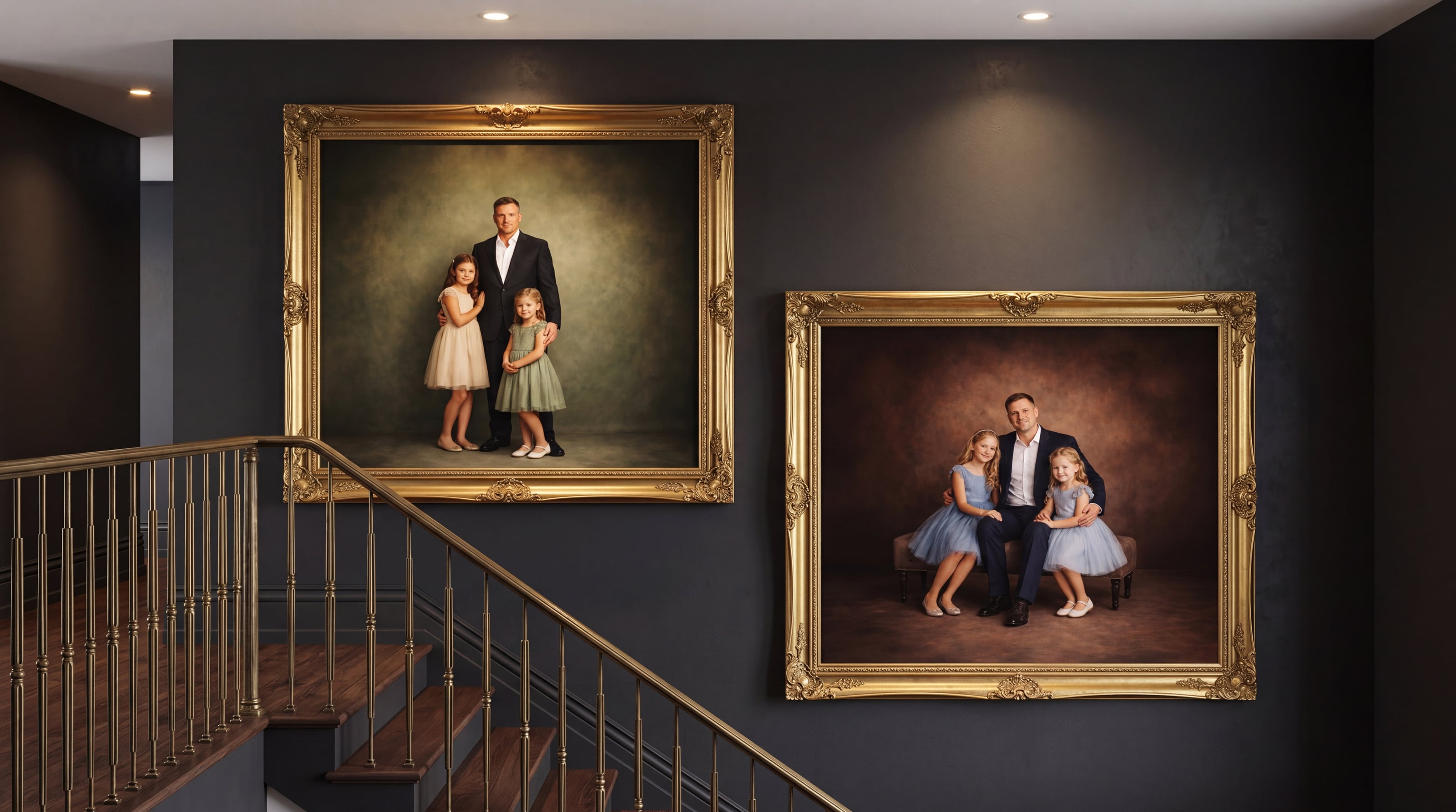 A gallery wall of gold-framed family portraits in a luxurious dark-toned home