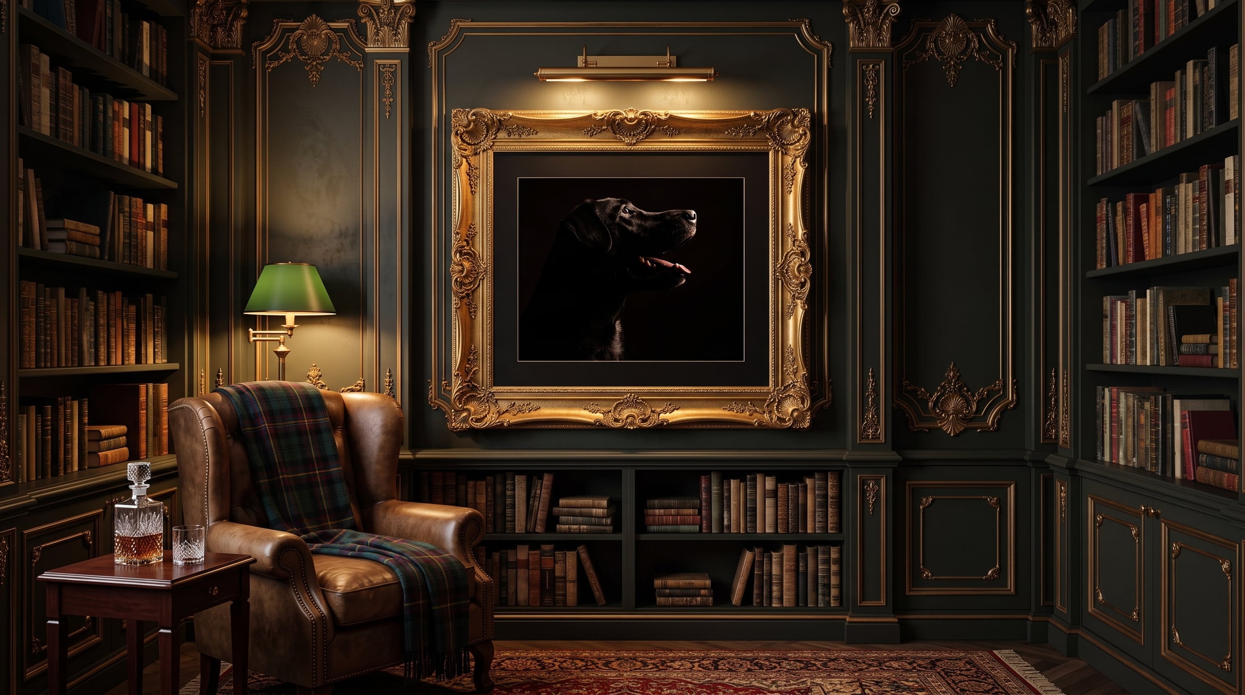 A fine-art pet portrait framed as gallery wall art in an ornate library room, Michael Anthony Photography