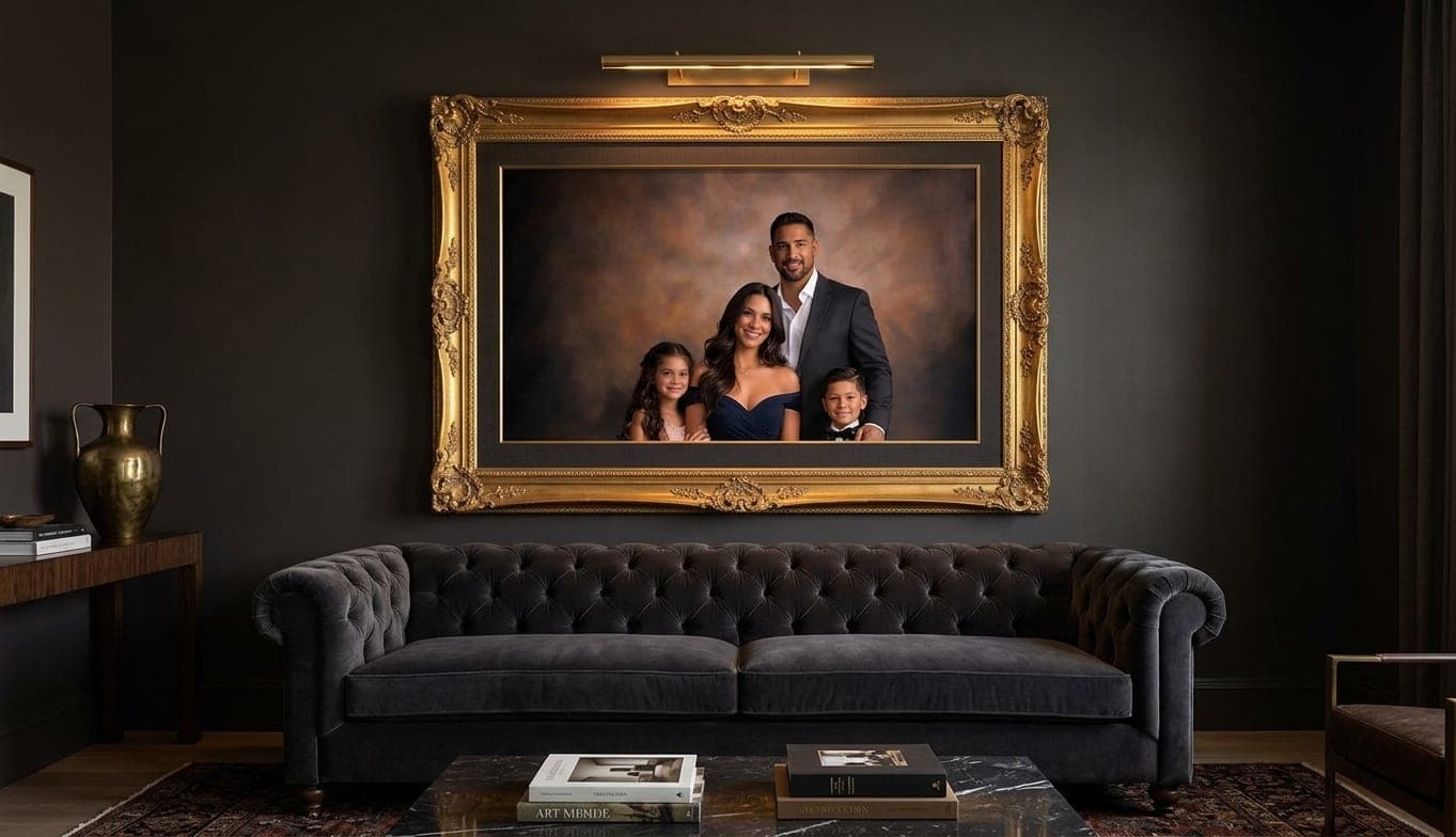 A finished gold-framed portrait above a sofa, the kind of piece chosen at the reveal