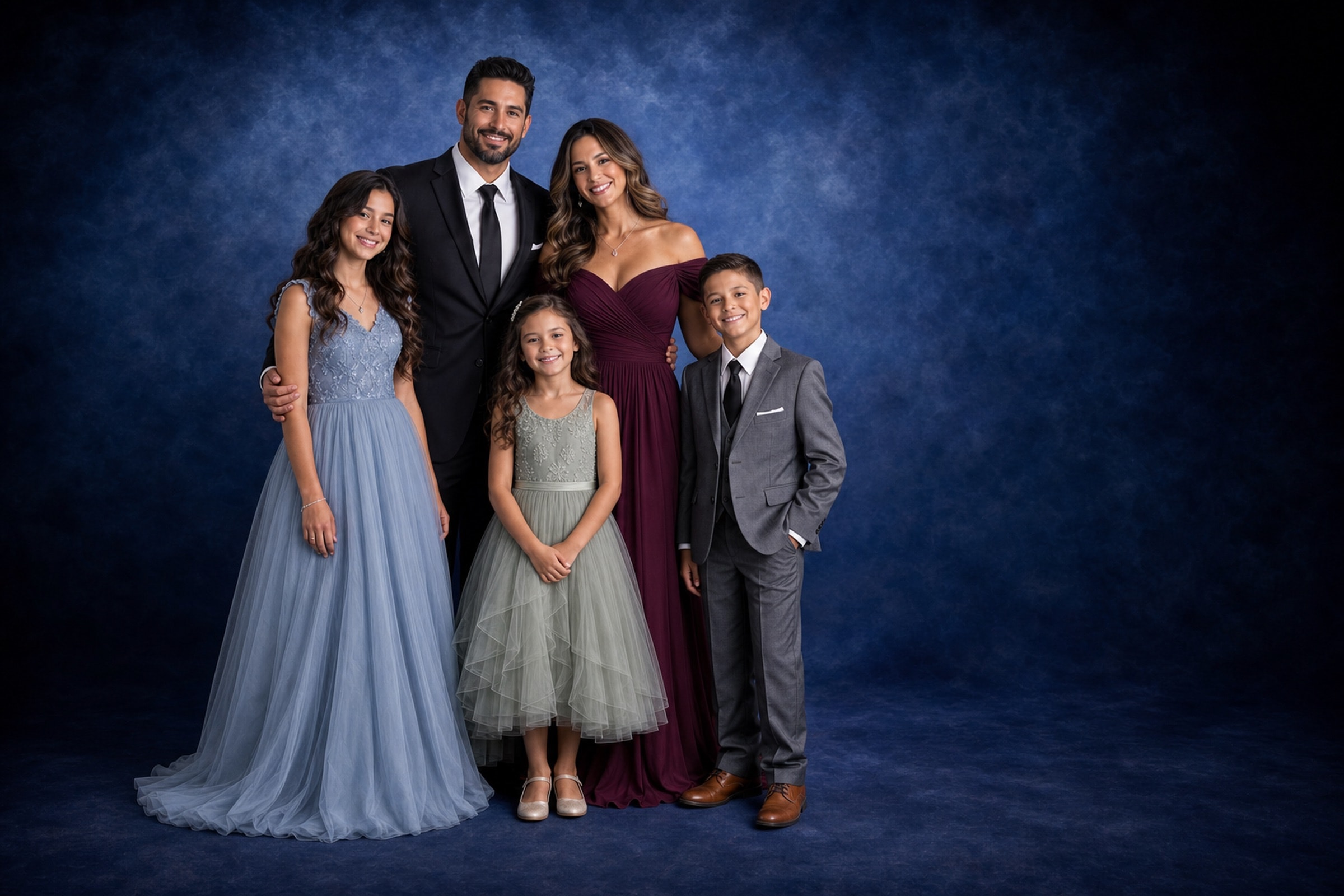 A coordinated family of five in formalwear, the mother in a burgundy gown, against a deep blue studio backdrop