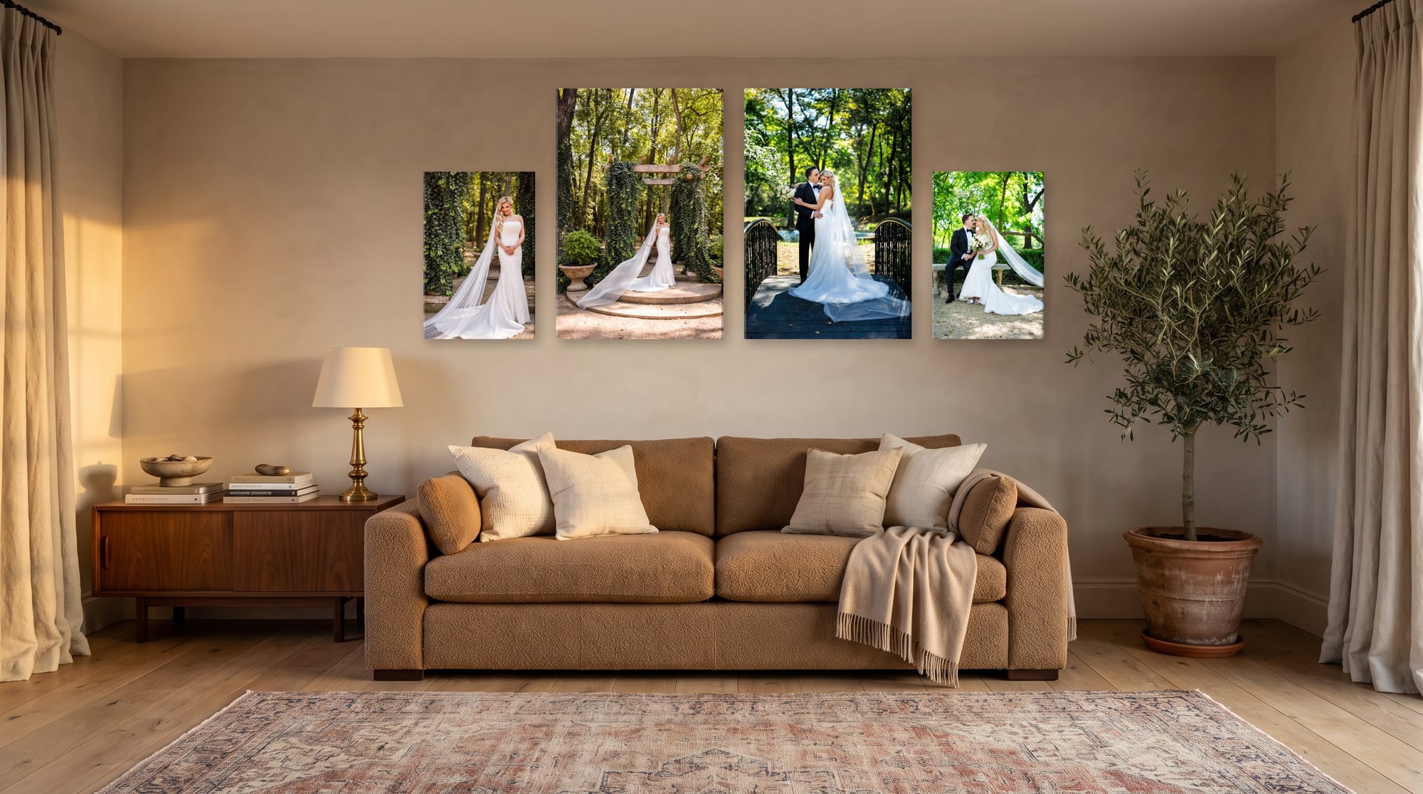 Four wedding photographs from a single wedding hung as a group above a sofa in a warm living room