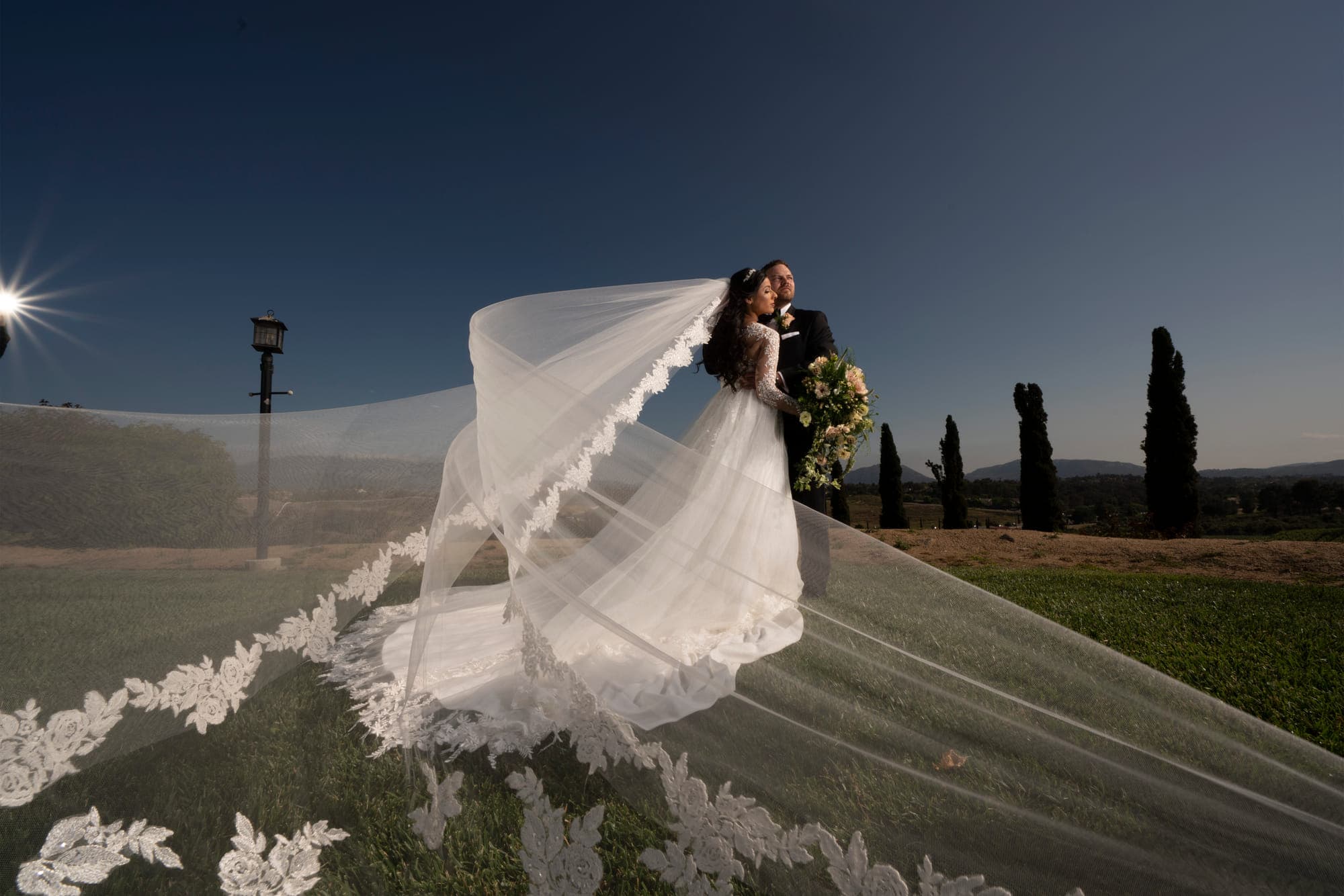 a bride with a cathedral veil sweeping across a Tuscan field, cypress trees behind, straight out of camera