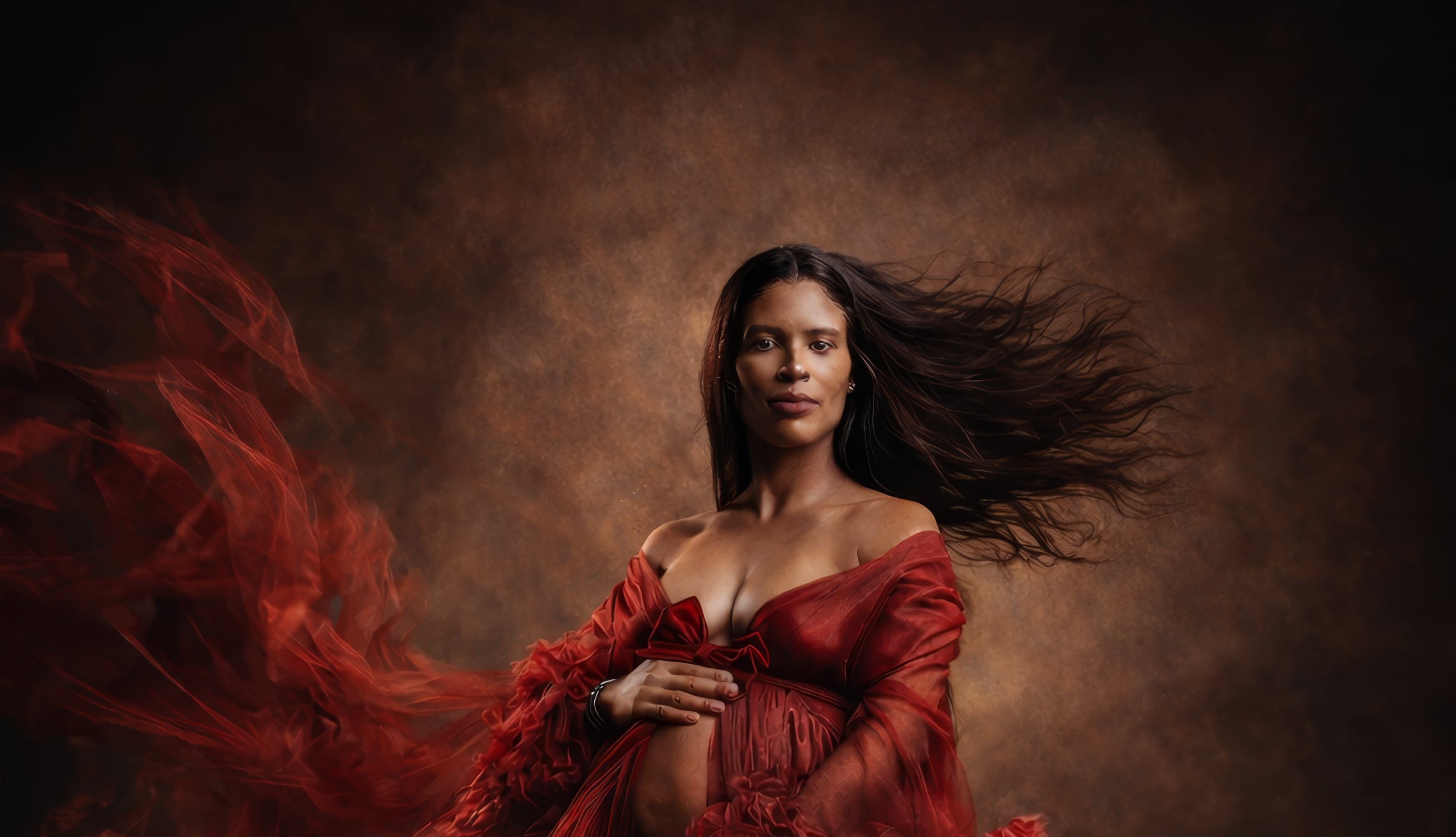 Fine-art maternity portrait in a flowing red gown