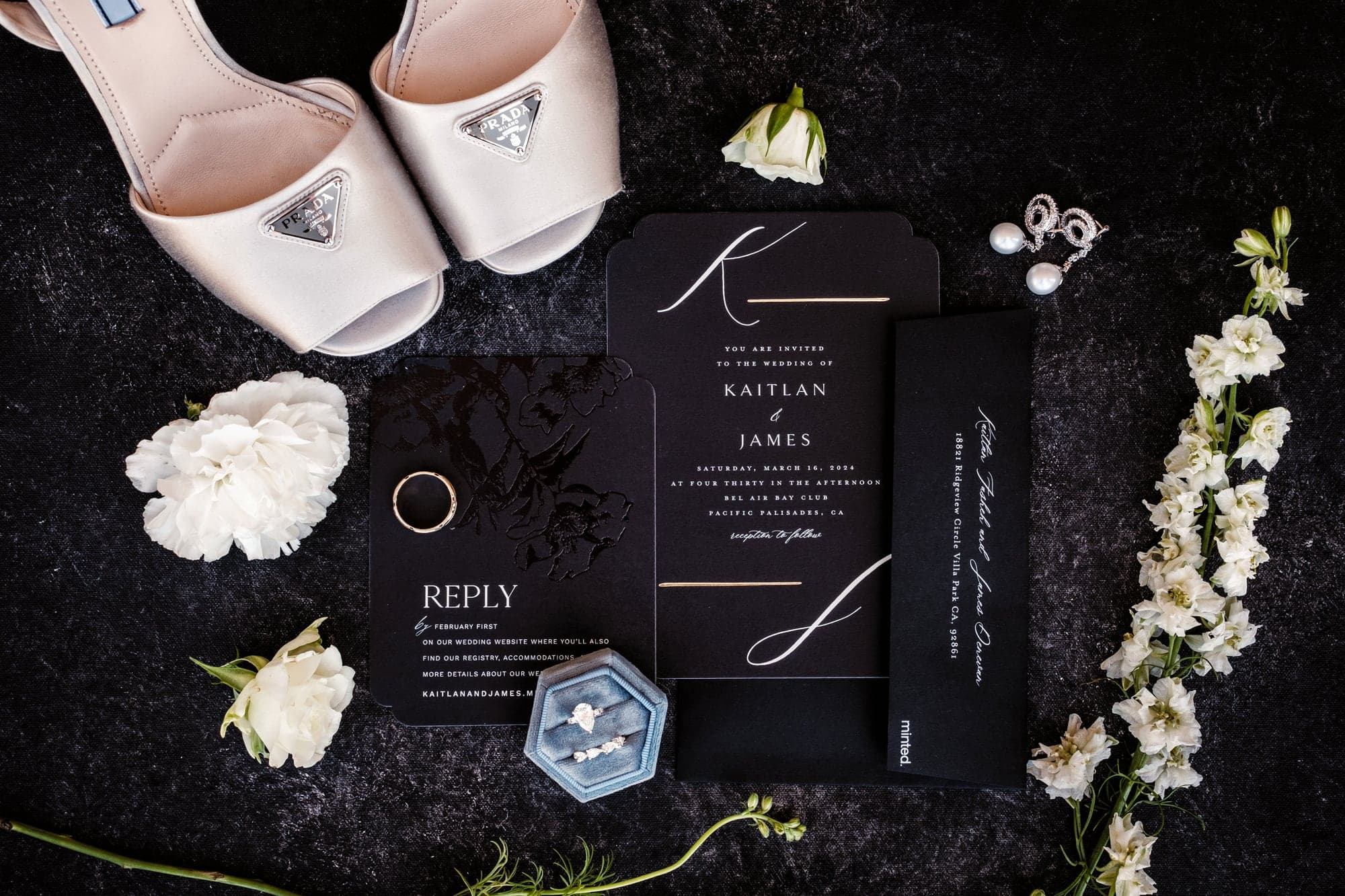 Kaitlan and James's white wedding details at Bel-Air Bay Club