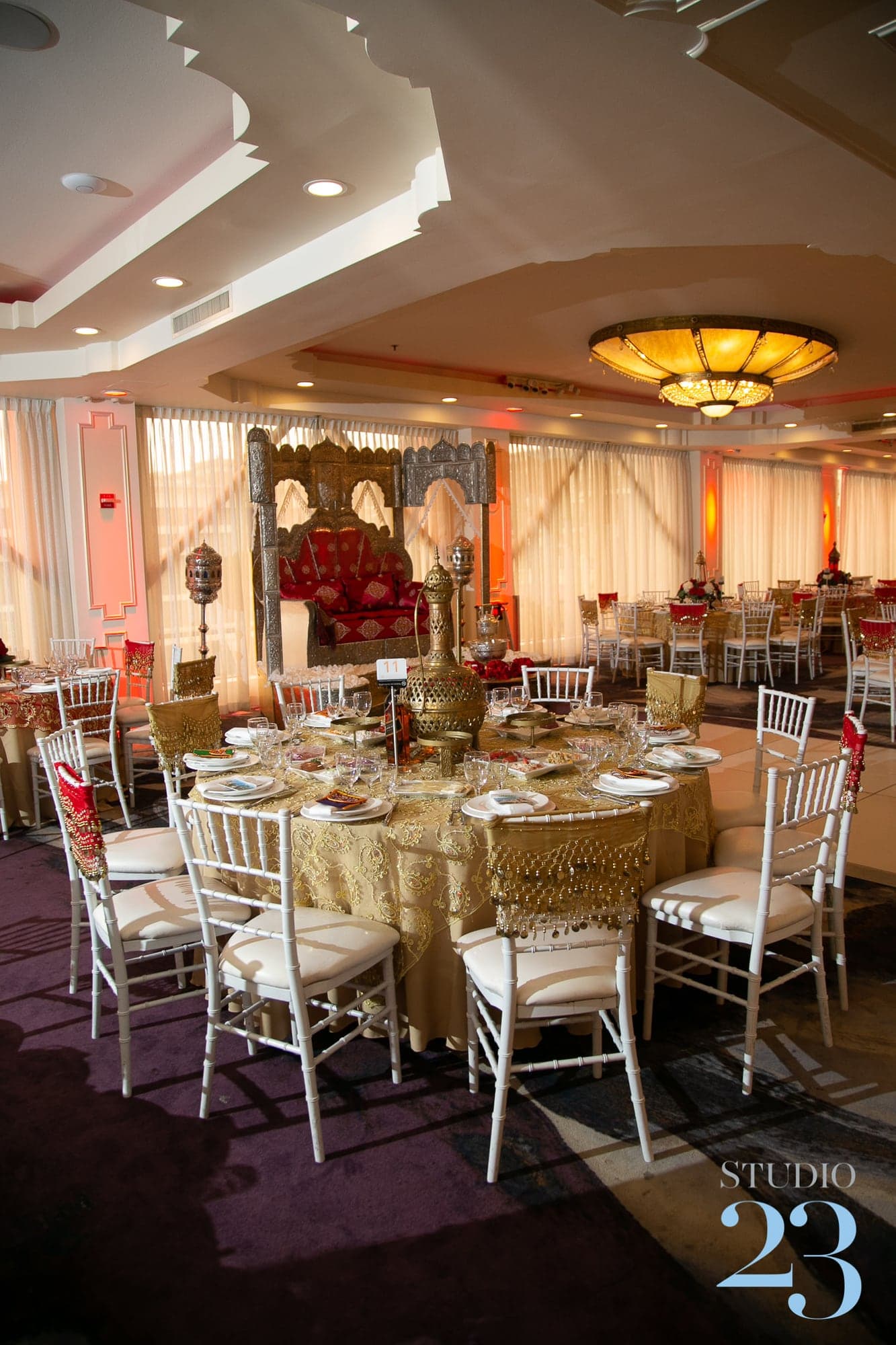 Red and gold reception tables at Brandview Ballroom