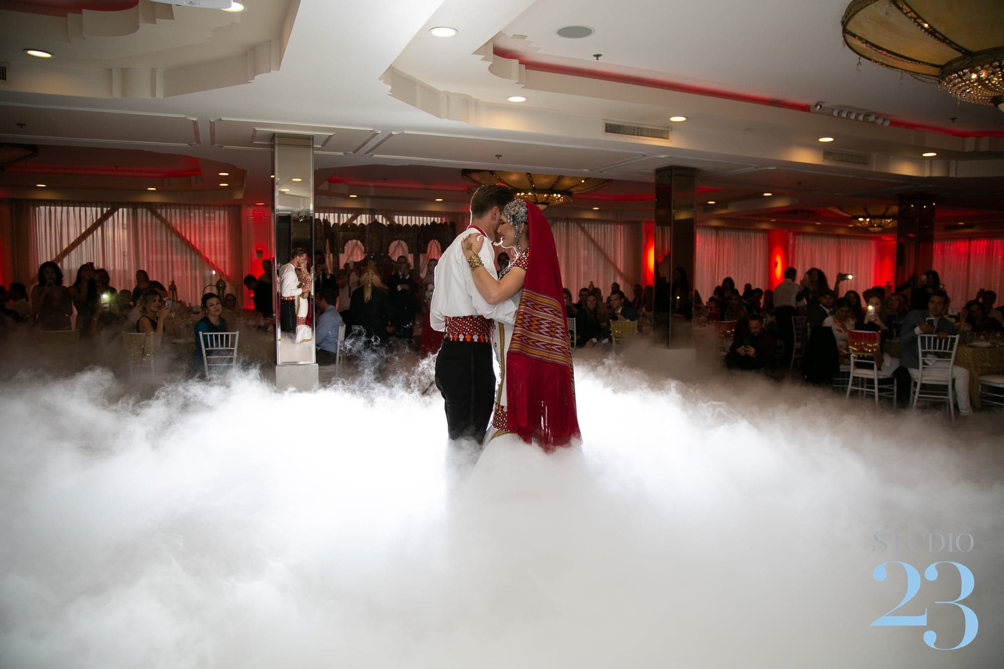 Aygul and Cameron dancing through low fog