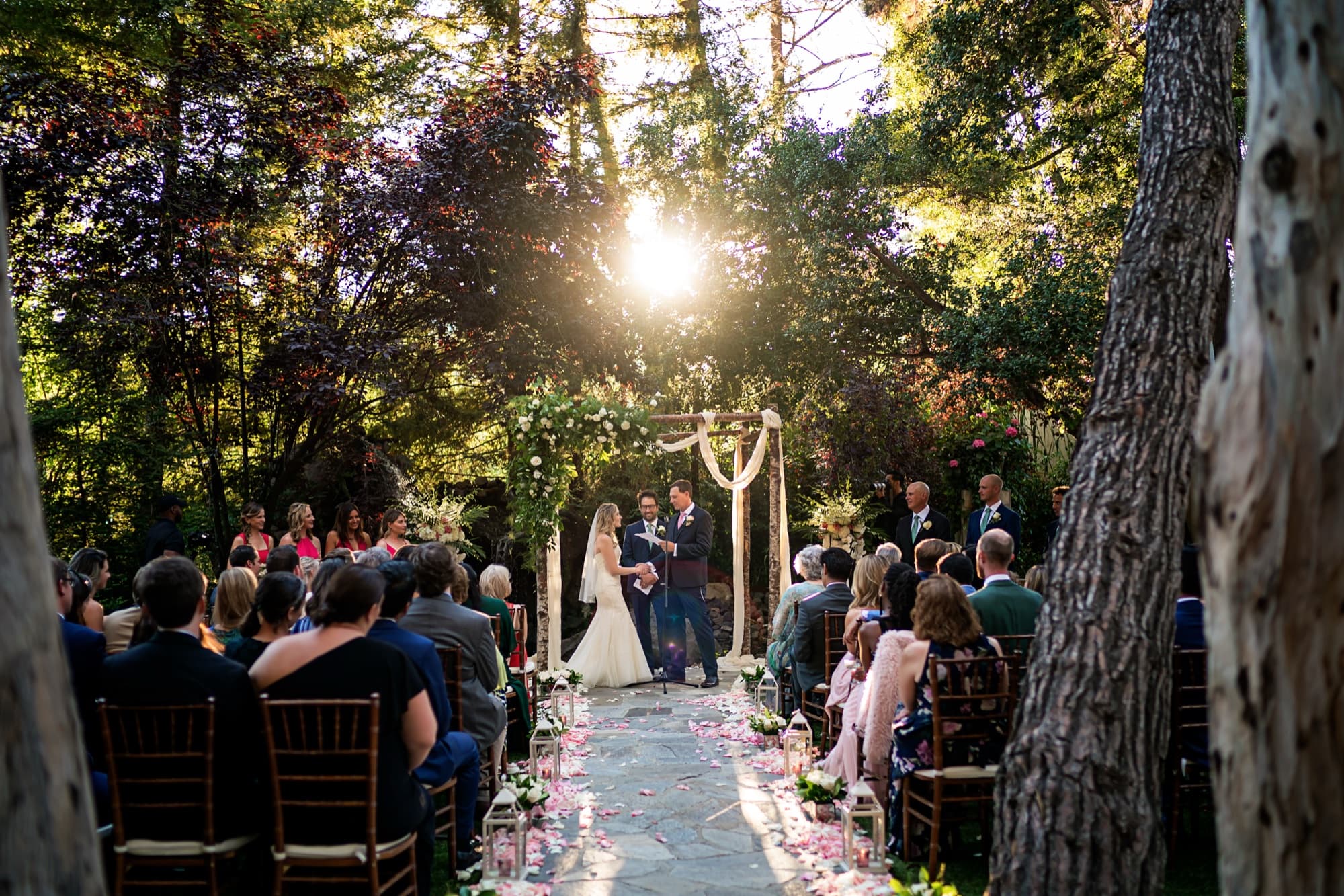 Wide view of the Calamigos ceremony as the sun stars through the trees above the petal-lined aisle and guests