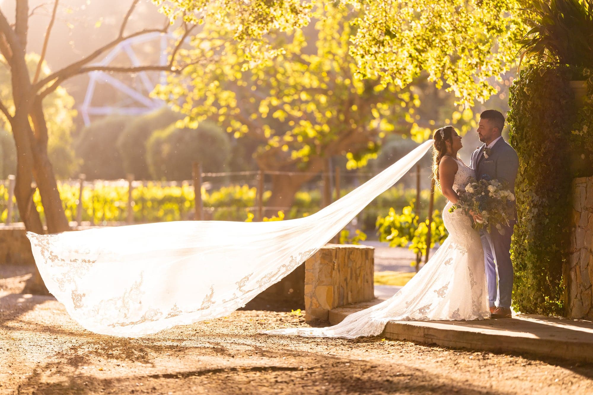 Arthur and Mazl standing on a wooden bridge with her veil lifted in the sunlight