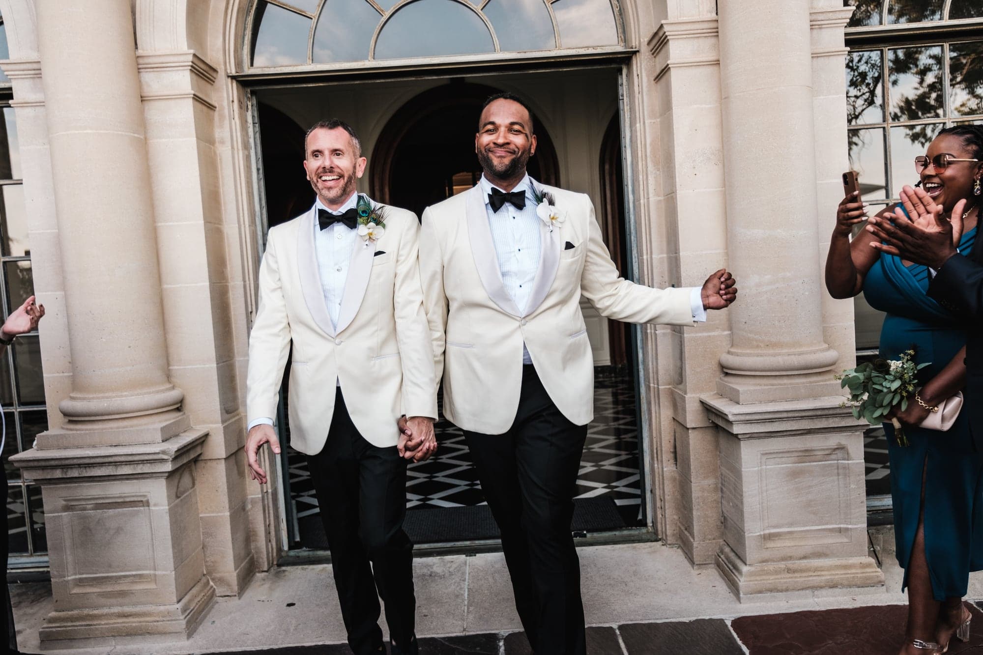 CJ and Rex leaving Greystone Mansion together as their guests cheer
