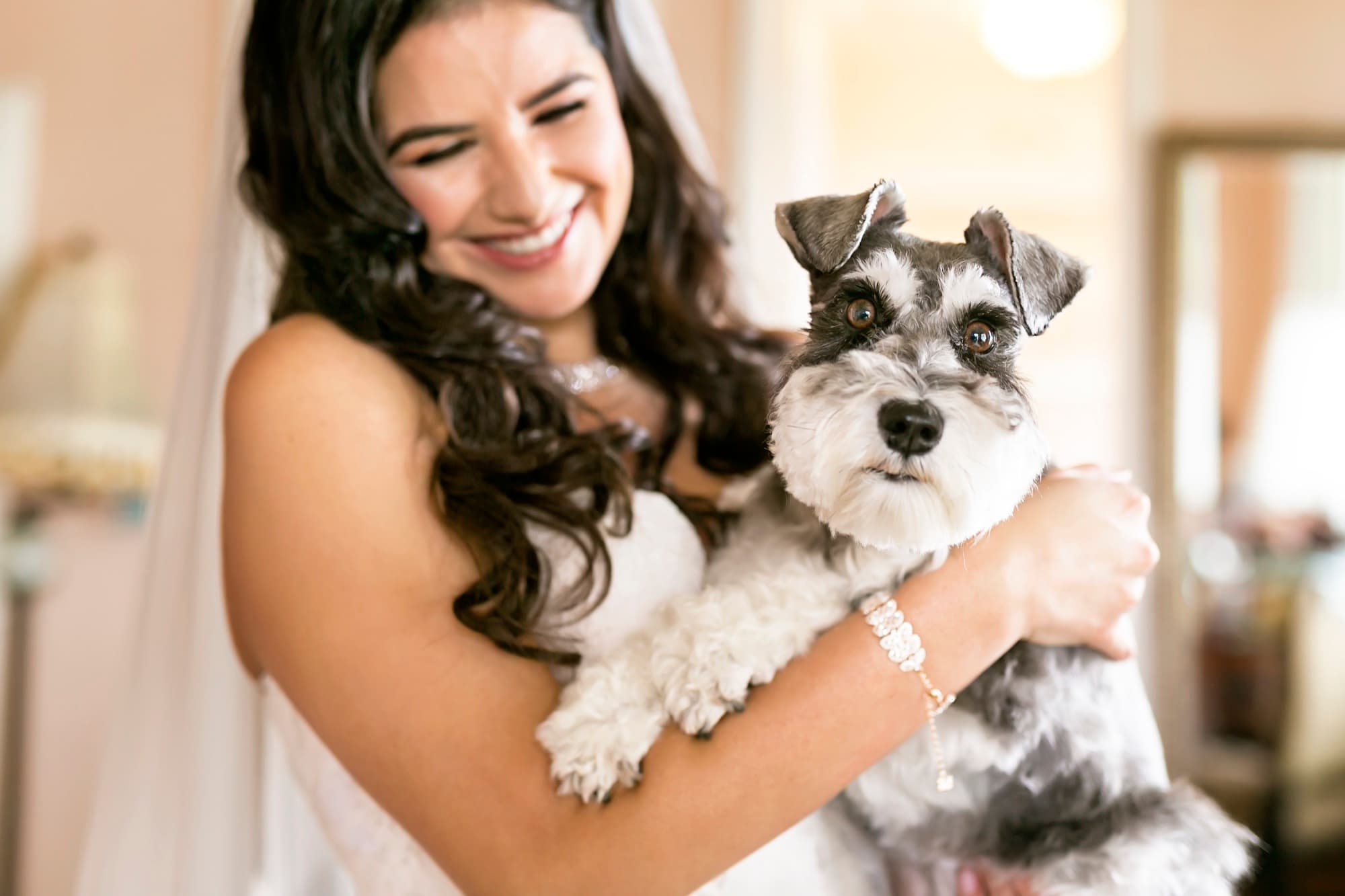 Stephanie laughing as she hugs Finnley the miniature schnauzer in the bridal suite at La Venta Inn