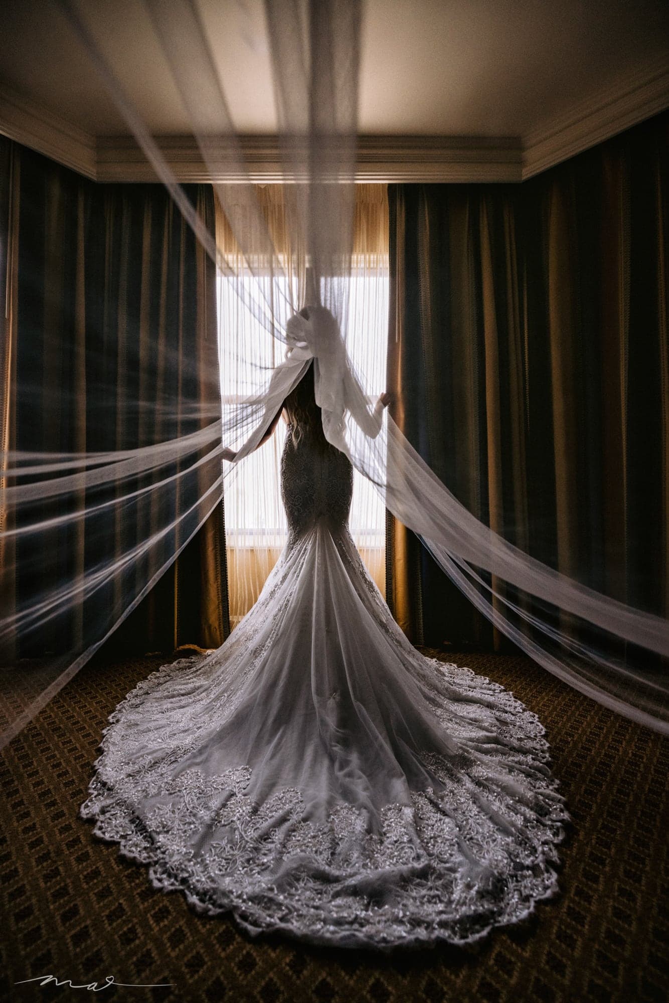 Melody's wedding gown and veil in a hotel window