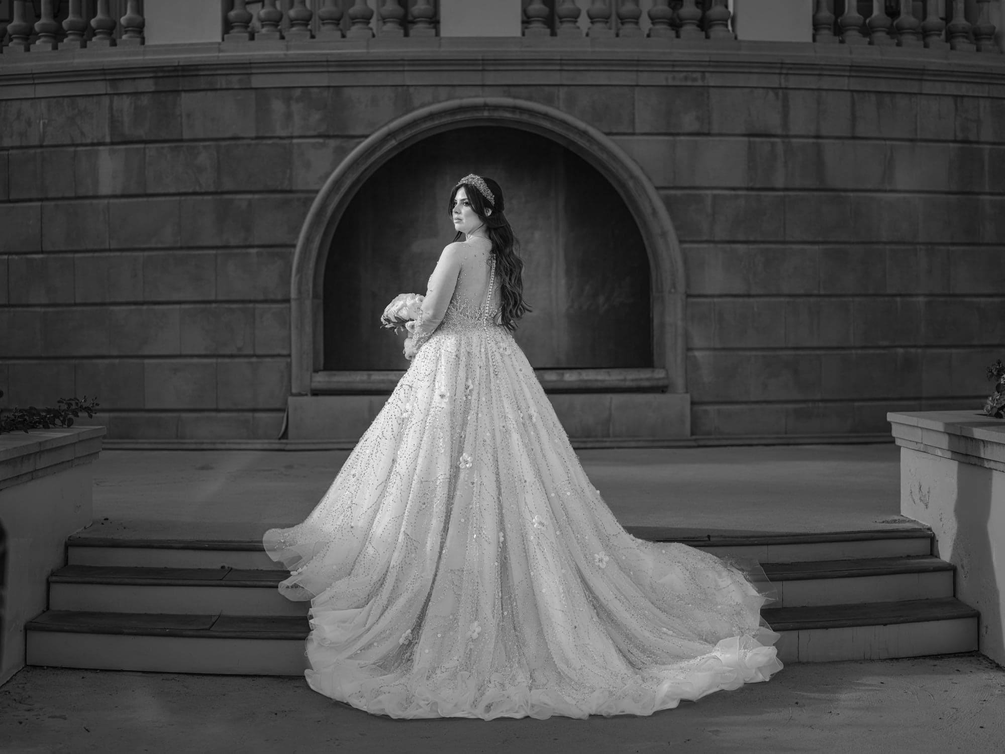 Michelle in a dramatic portrait on the estate stairs